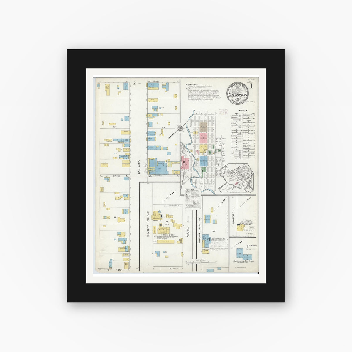 Old map wall art mockup — black gallery frame with white mat — Sanborn Fire Insurance Map from Fredericksburg, Gillespie County, Texas (1915) - Complete Map Set
