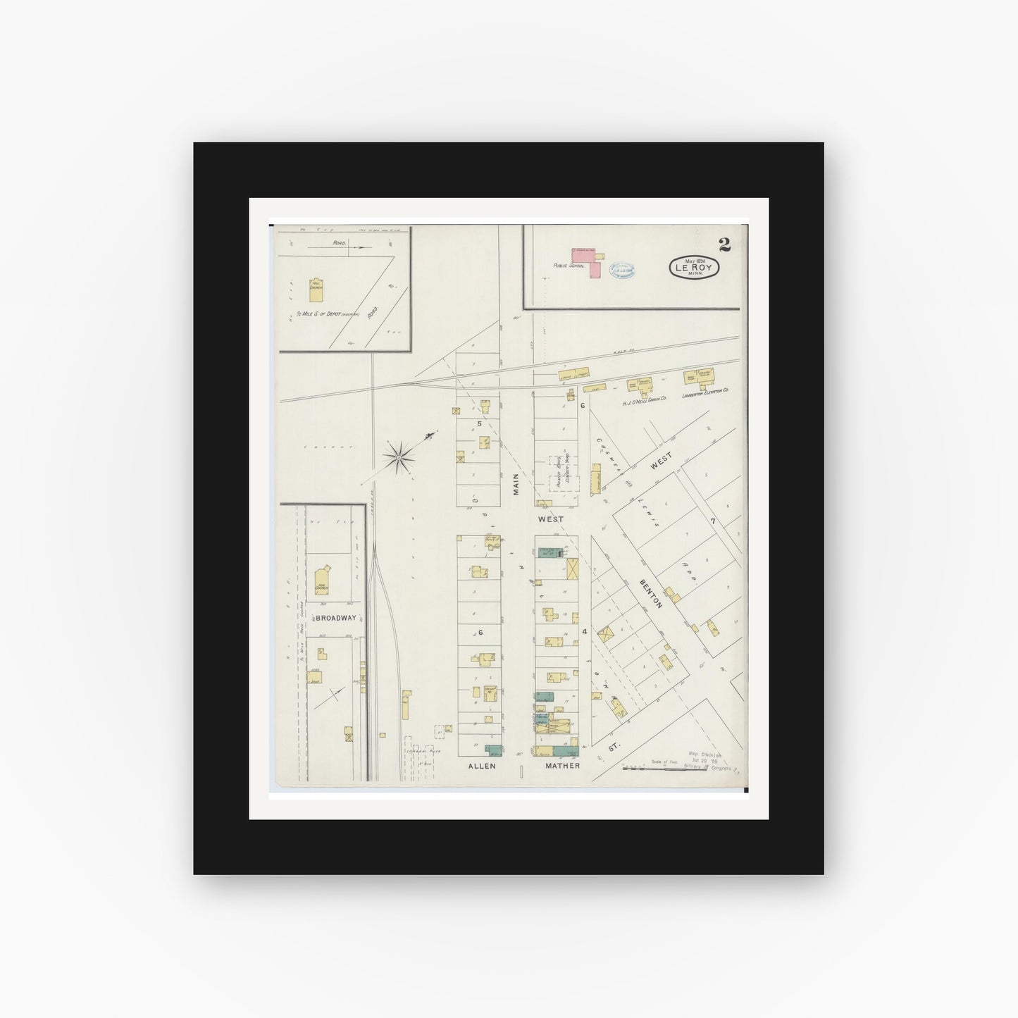 Old map wall art mockup — black gallery frame with white mat — Sanborn Fire Insurance Map from Le Roy, Mower County, Minnesota (1894), Sheet #0002