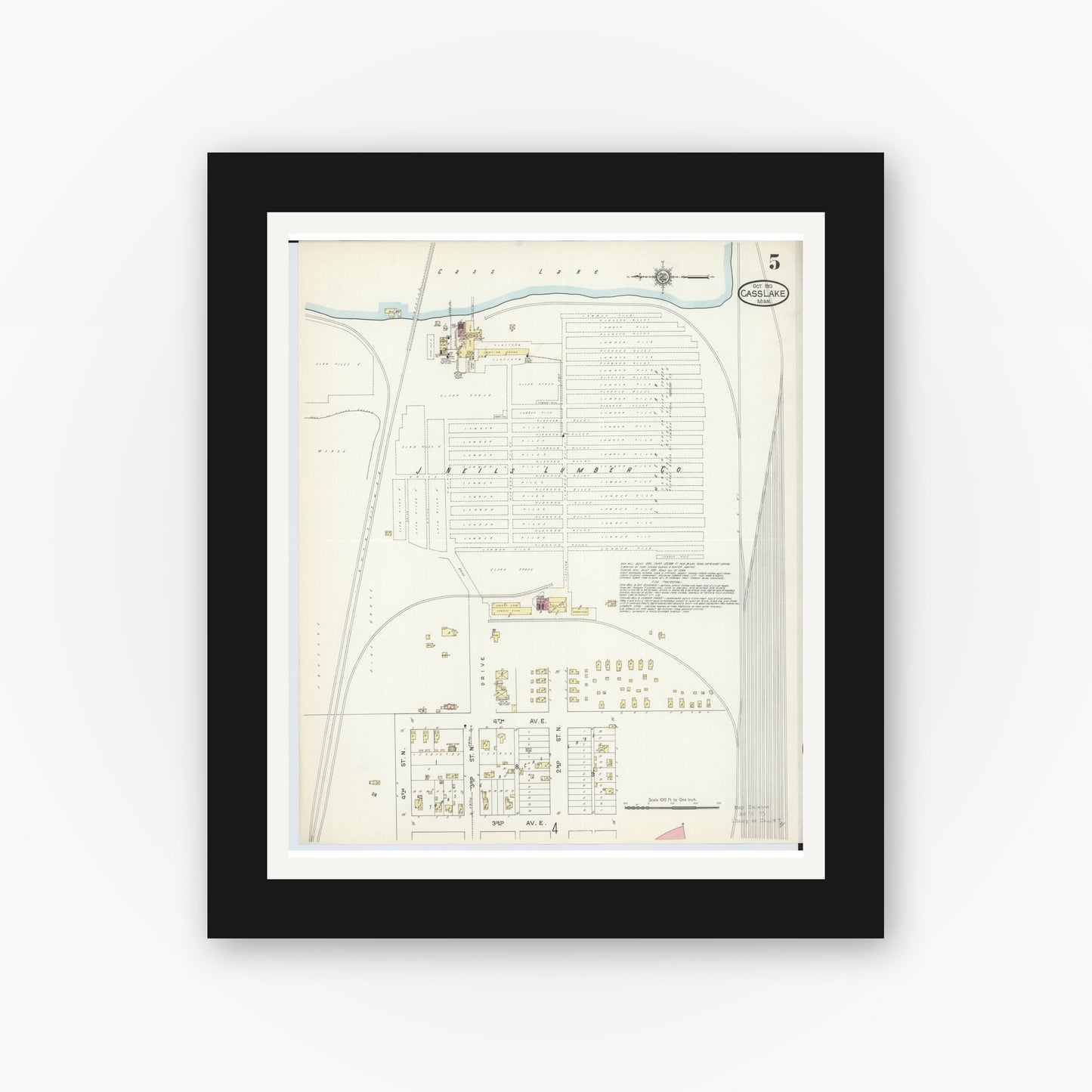 Old map wall art mockup — black gallery frame with white mat — Sanborn Fire Insurance Map from Cass Lake, Cass County, Minnesota (1913), Sheet #0005