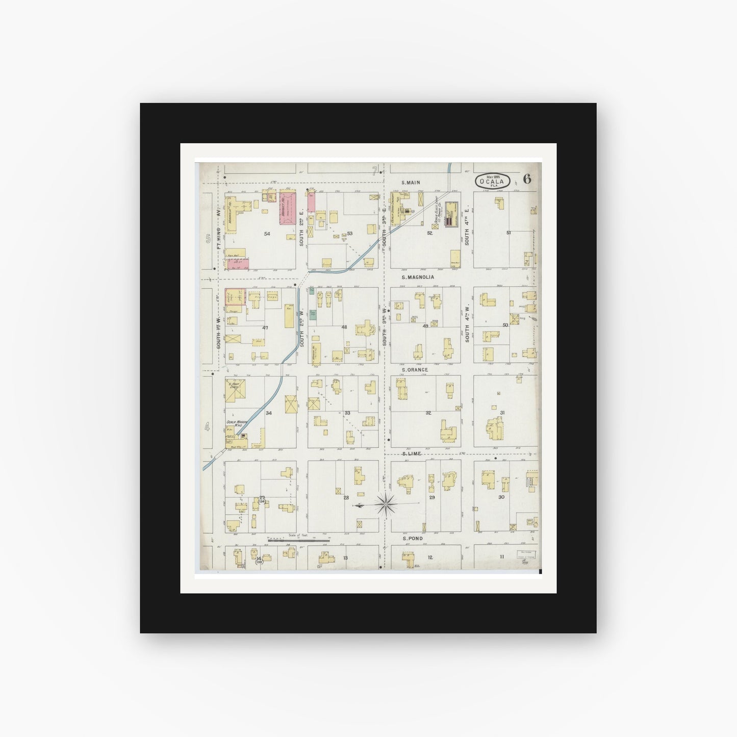 Old map wall art mockup — black gallery frame with white mat — Sanborn Fire Insurance Map from Ocala, Marion County, Florida (1895), Sheet #0006