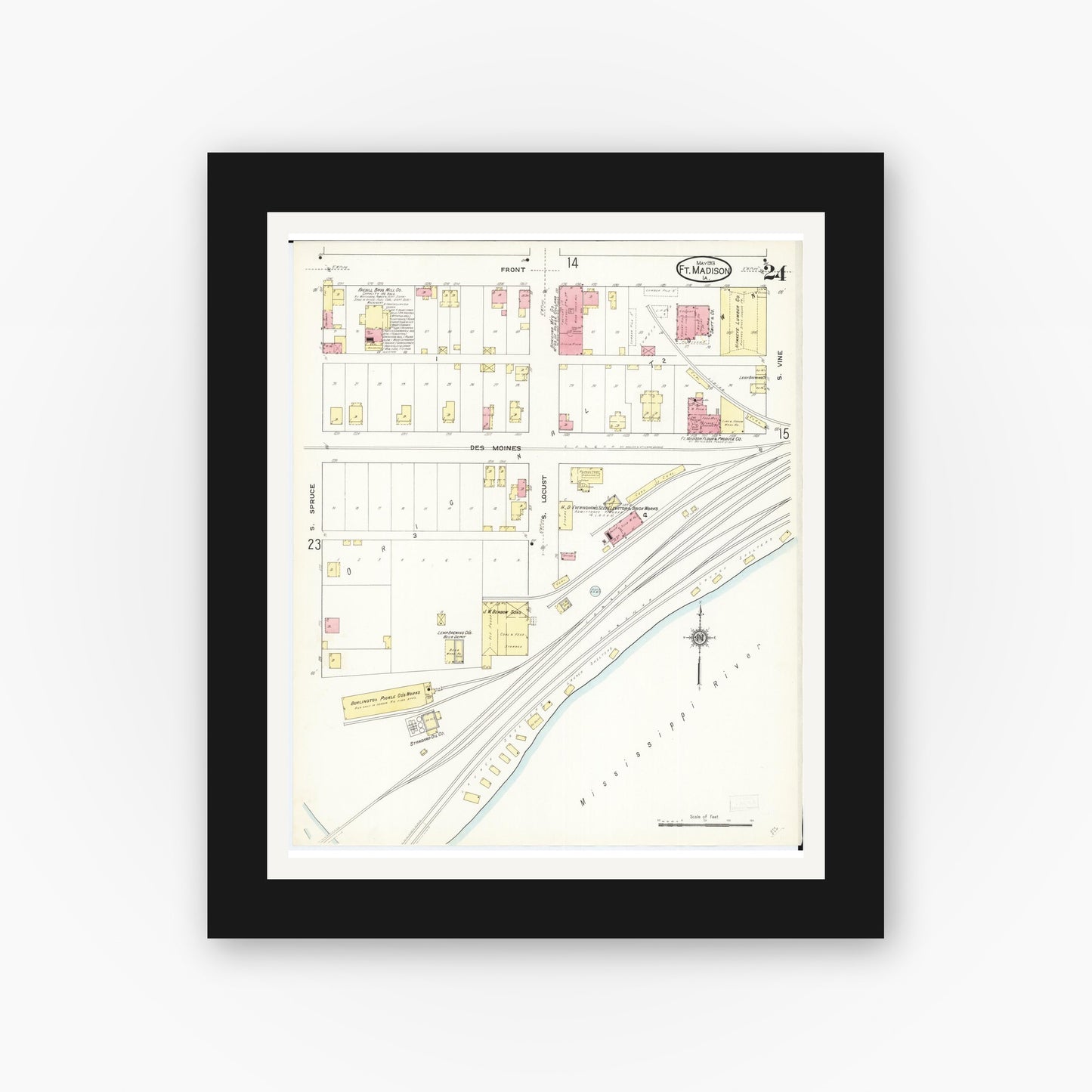 Old map wall art mockup — black gallery frame with white mat — Sanborn Fire Insurance Map from Fort Madison, Lee County, Iowa (1913), Sheet #0024