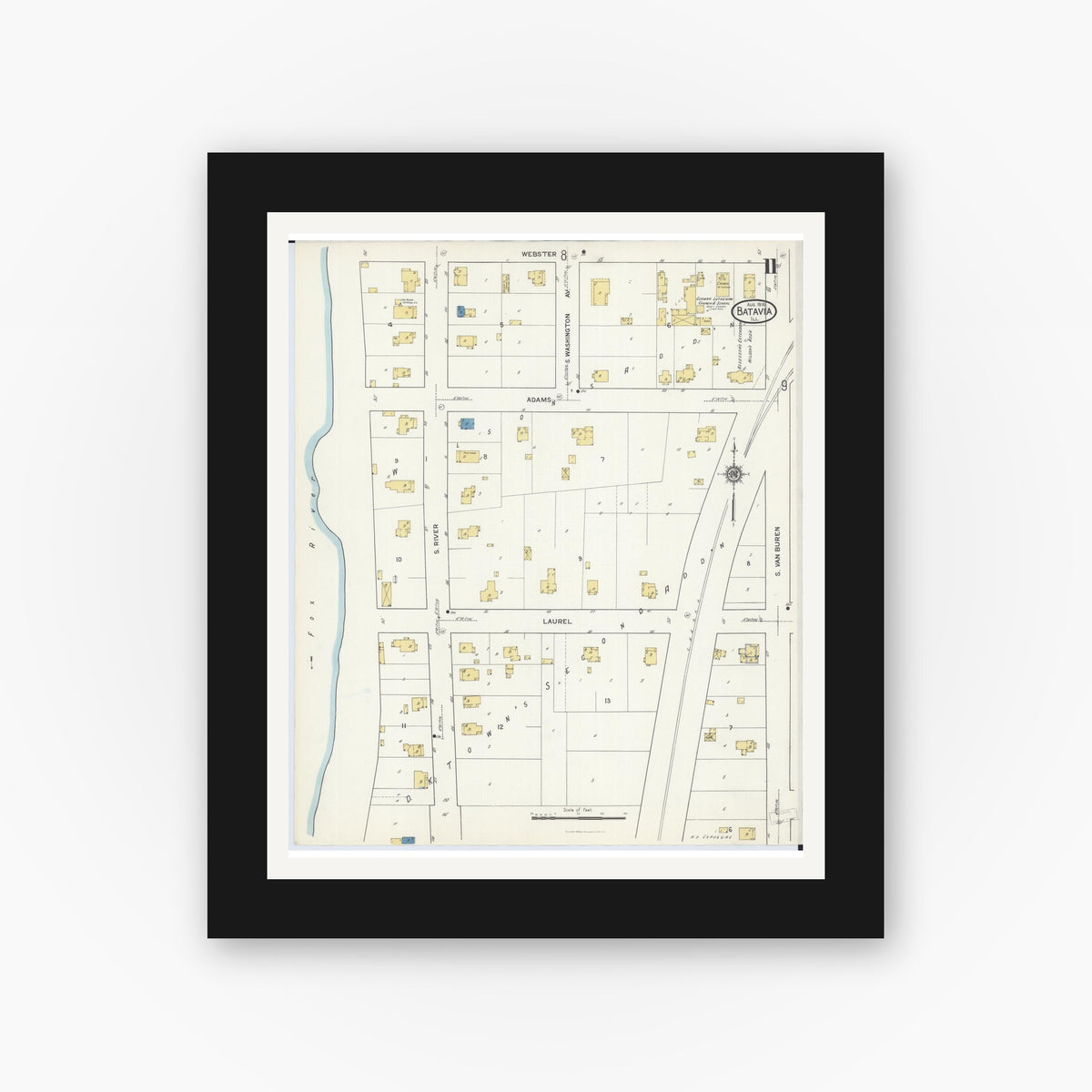 Old map wall art mockup — black gallery frame with white mat — Sanborn Fire Insurance Map from Batavia, Kane County, Illinois (1916), Sheet #0011