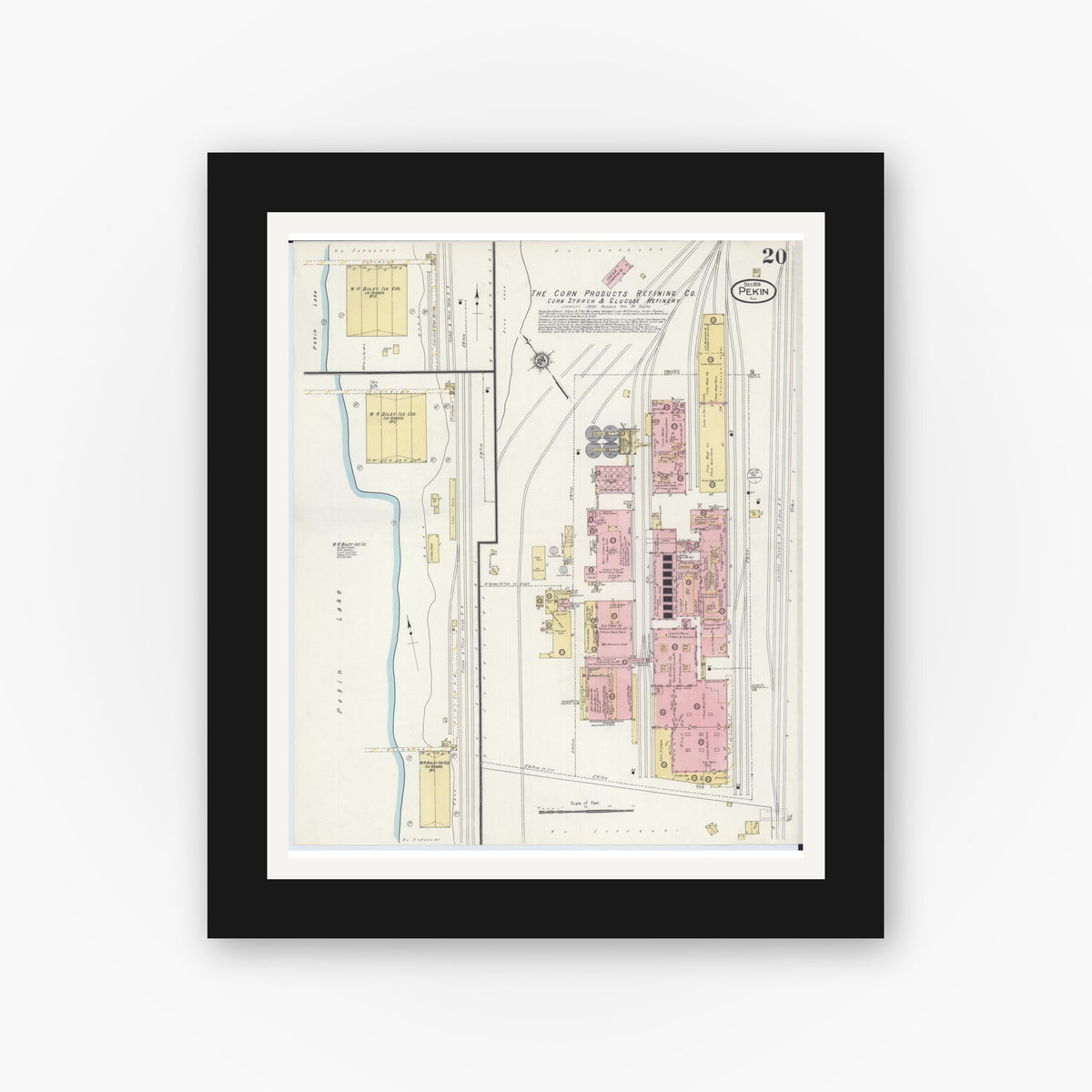 Old map wall art mockup — black gallery frame with white mat — Sanborn Fire Insurance Map from Pekin, Tazewell County, Illinois (1909), Sheet #0020