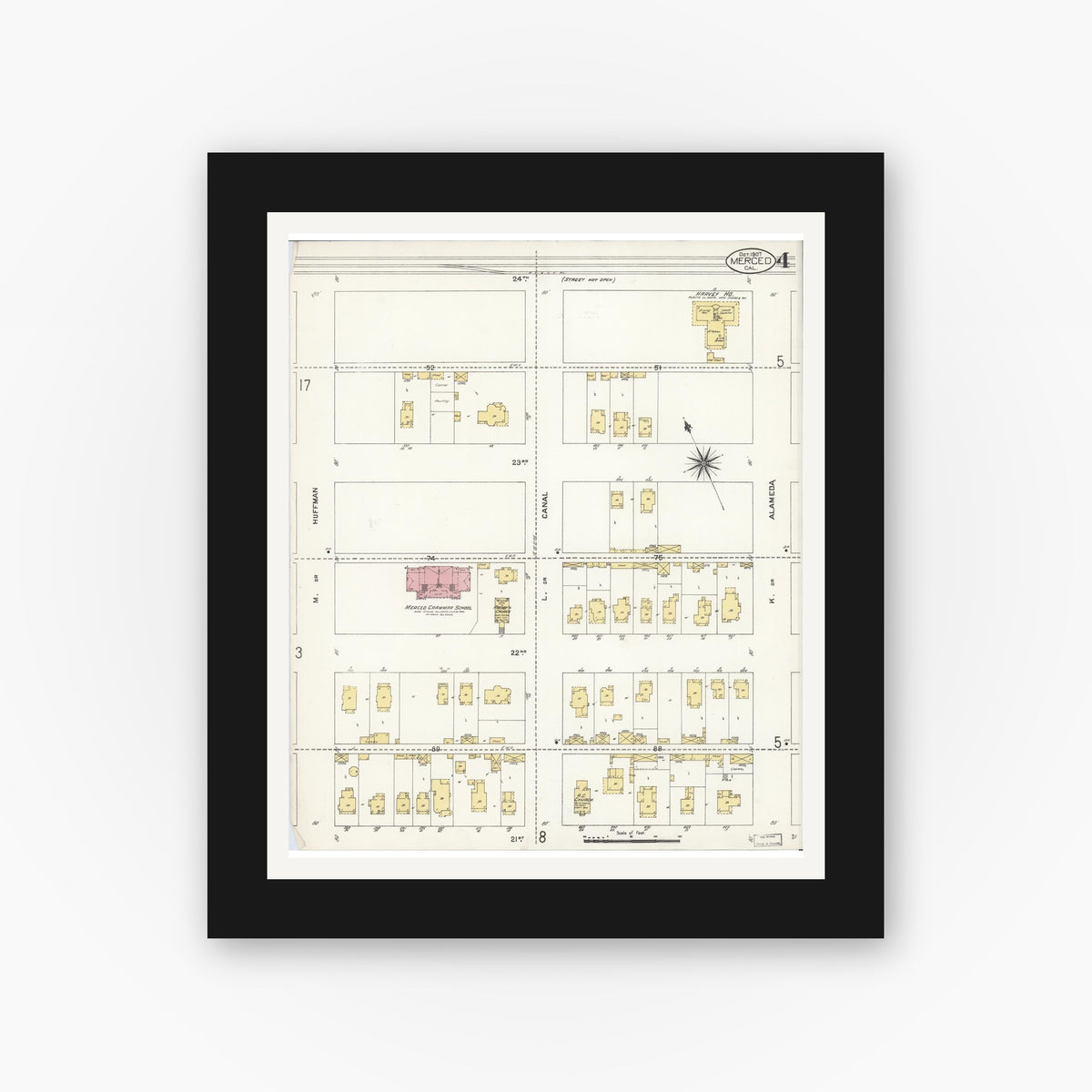 Old map wall art mockup — black gallery frame with white mat — Sanborn Fire Insurance Map from Merced, Merced County, California (1907), Sheet #0004