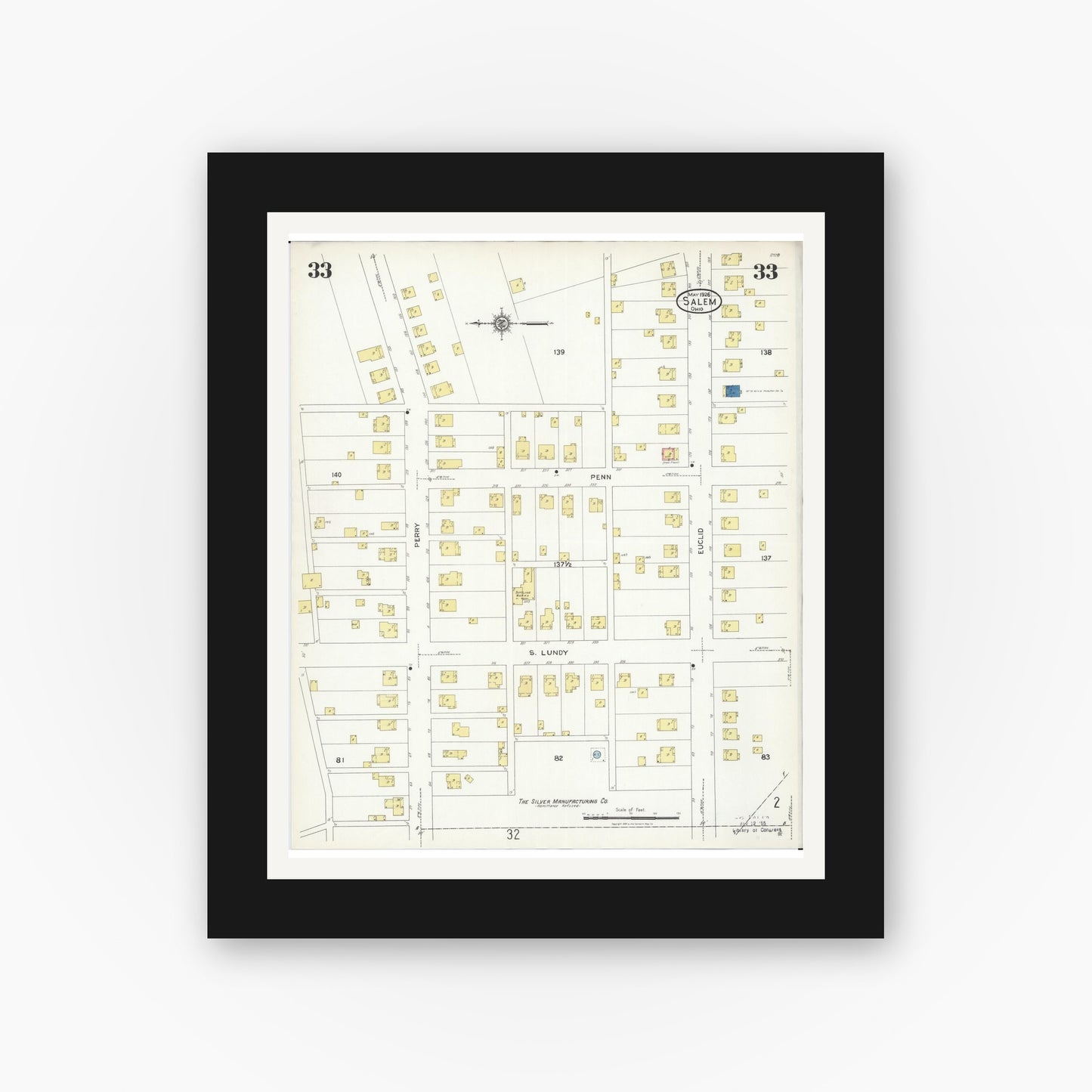 Old map wall art mockup — black gallery frame with white mat — Sanborn Fire Insurance Map from Salem, Columbiana County, Ohio (1926), Sheet #0033