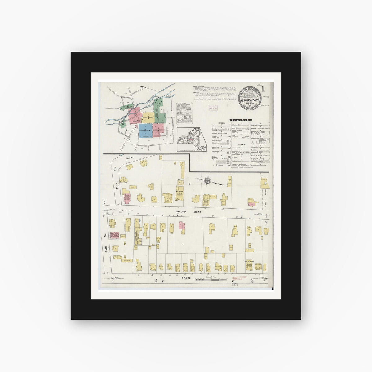 Old map wall art mockup — black gallery frame with white mat — Sanborn Fire Insurance Map from New Hartford, Oneida County, New York (1915) - Complete Map Set