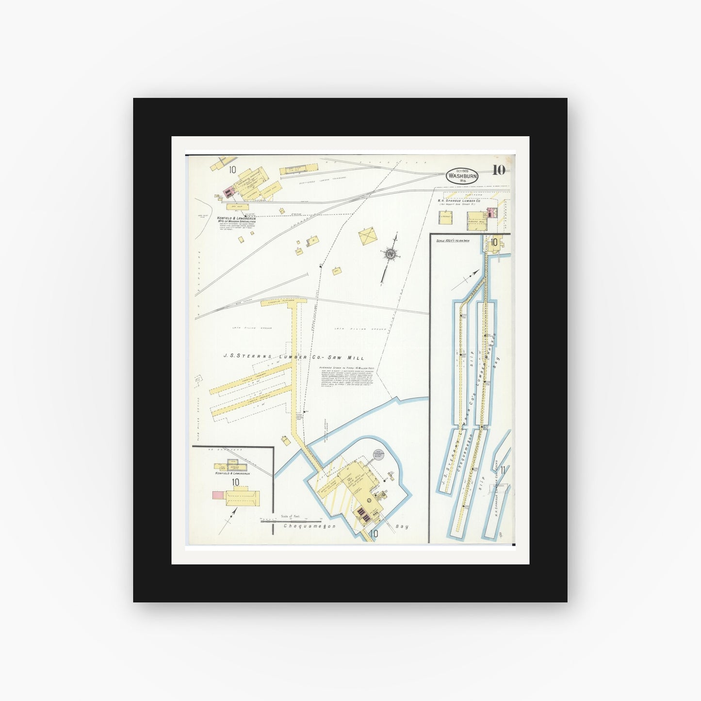 Old map wall art mockup — black gallery frame with white mat — Sanborn Fire Insurance Map from Washburn, Bayfield County, Wisconsin (1909), Sheet #0010