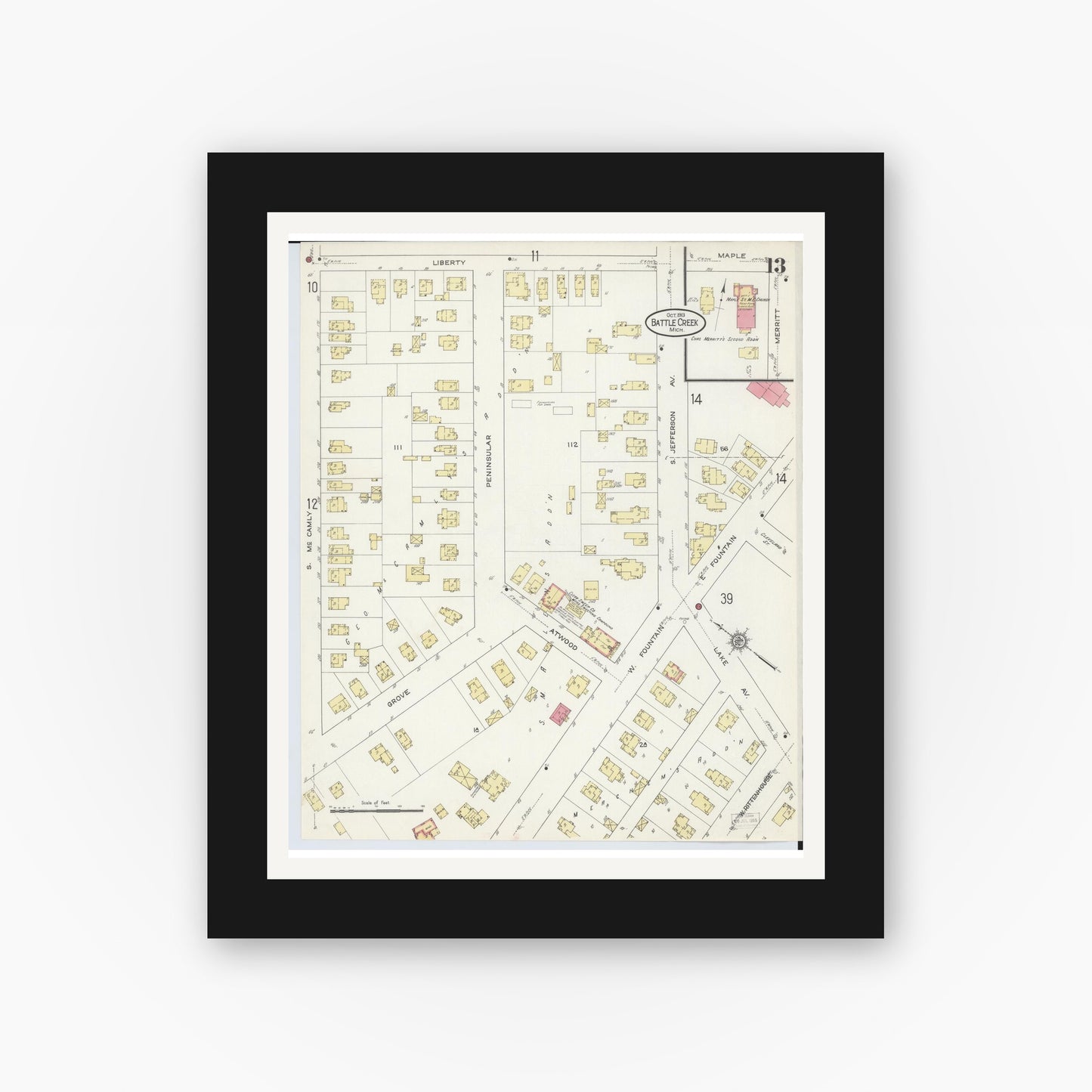 Old map wall art mockup — black gallery frame with white mat — Sanborn Fire Insurance Map from Battle Creek, Calhoun County, Michigan (1913), Sheet #0013