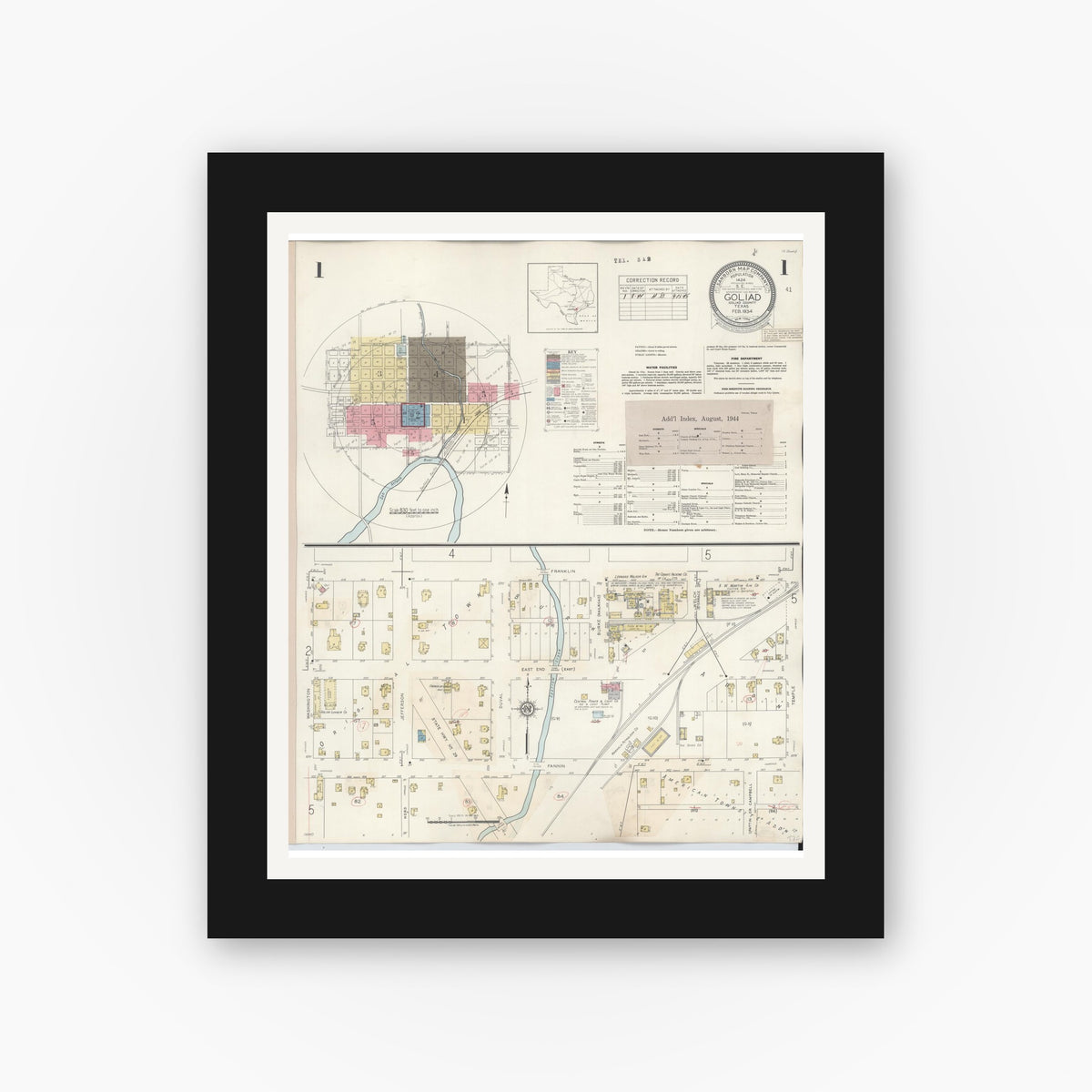 Old map wall art mockup — black gallery frame with white mat — Sanborn Fire Insurance Map from Goliad, Goliad County, Texas (1944), Sheet #0001