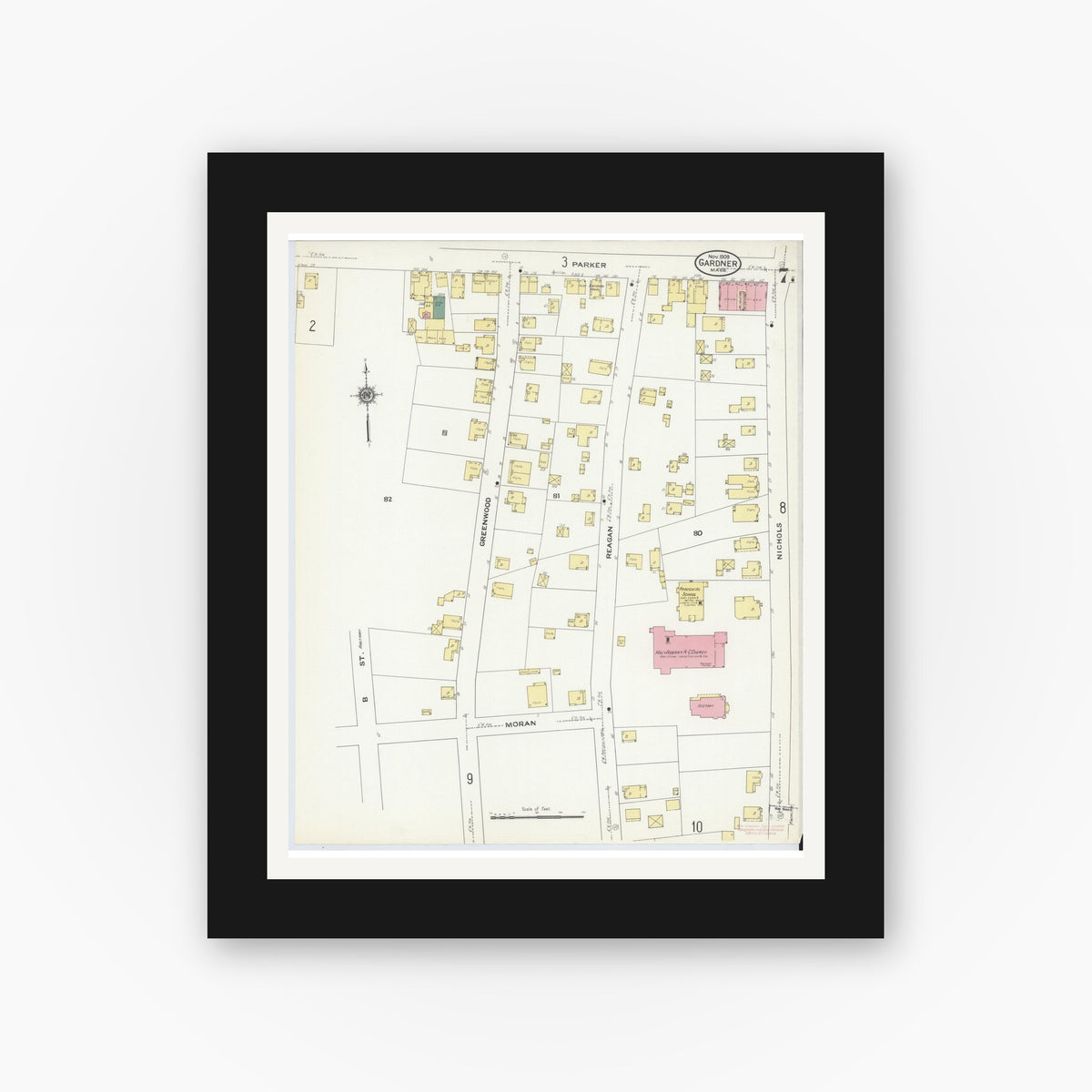 Old map wall art mockup — black gallery frame with white mat — Sanborn Fire Insurance Map from Gardner, Worcester County, Massachusetts (1909), Sheet #0007