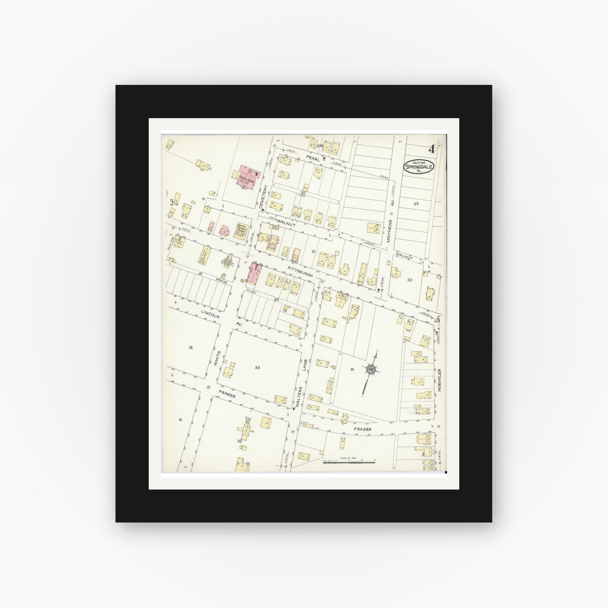 Old map wall art mockup β black gallery frame with white mat β Sanborn Fire Insurance Map from Springdale, Allegheny County, Pennsylvania (1914), Sheet #0004