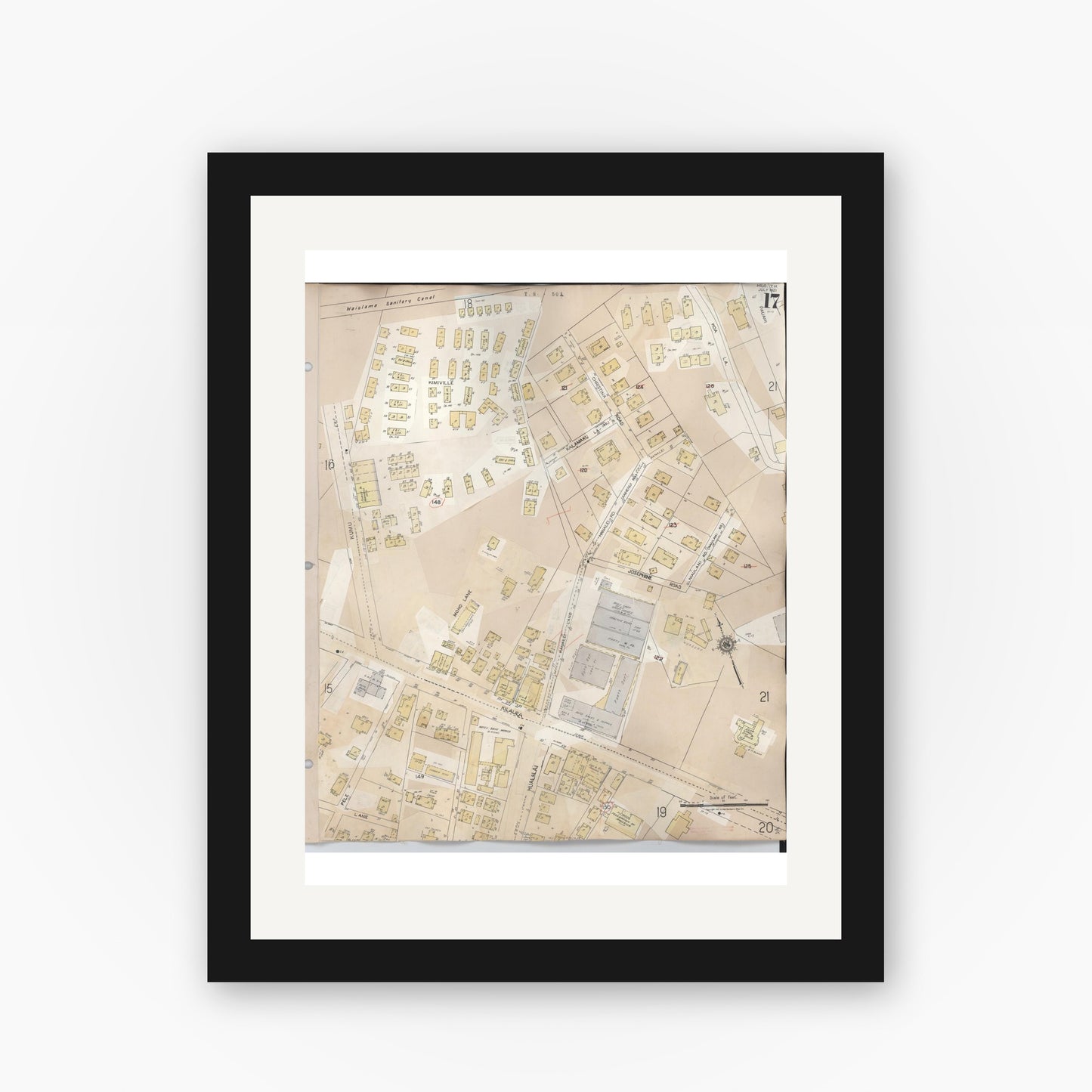 Old map wall art mockup — black gallery frame with white mat — Sanborn Fire Insurance Map from Hilo, Hawaii County, Hawaii (1957), Sheet #0017