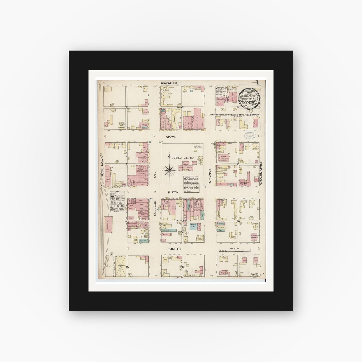 Old map wall art mockup — black gallery frame with white mat — Sanborn Fire Insurance Map from Bloomington, Monroe County, Indiana (1883), Sheet #0001