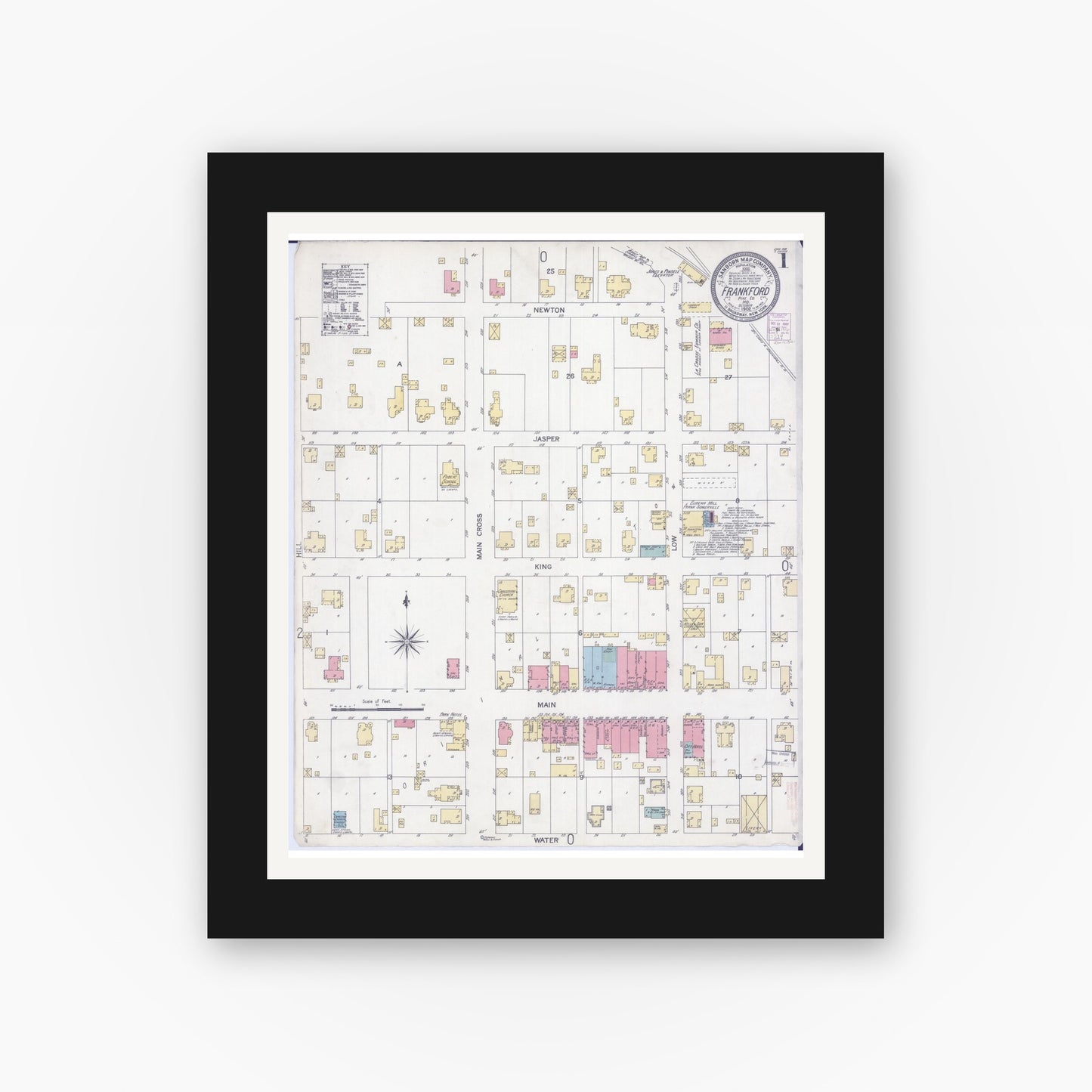 Old map wall art mockup — black gallery frame with white mat — Sanborn Fire Insurance Map from Frankford, Pike County, Missouri (1902) - Complete Map Set