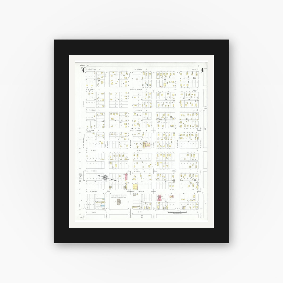 Old map wall art mockup — black gallery frame with white mat — Sanborn Fire Insurance Map from Kermit, Winkler County, Texas (1946), Sheet #0004