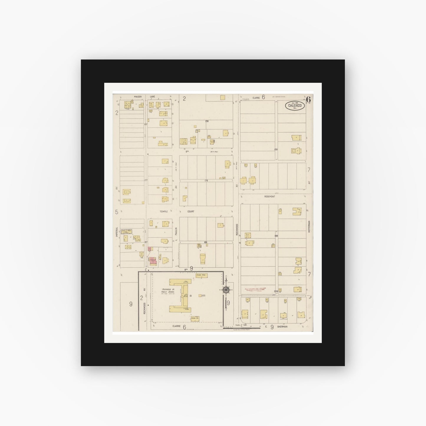 Old map wall art mockup — black gallery frame with white mat — Sanborn Fire Insurance Map from Calexico, Imperial County, California (1920), Sheet #0006