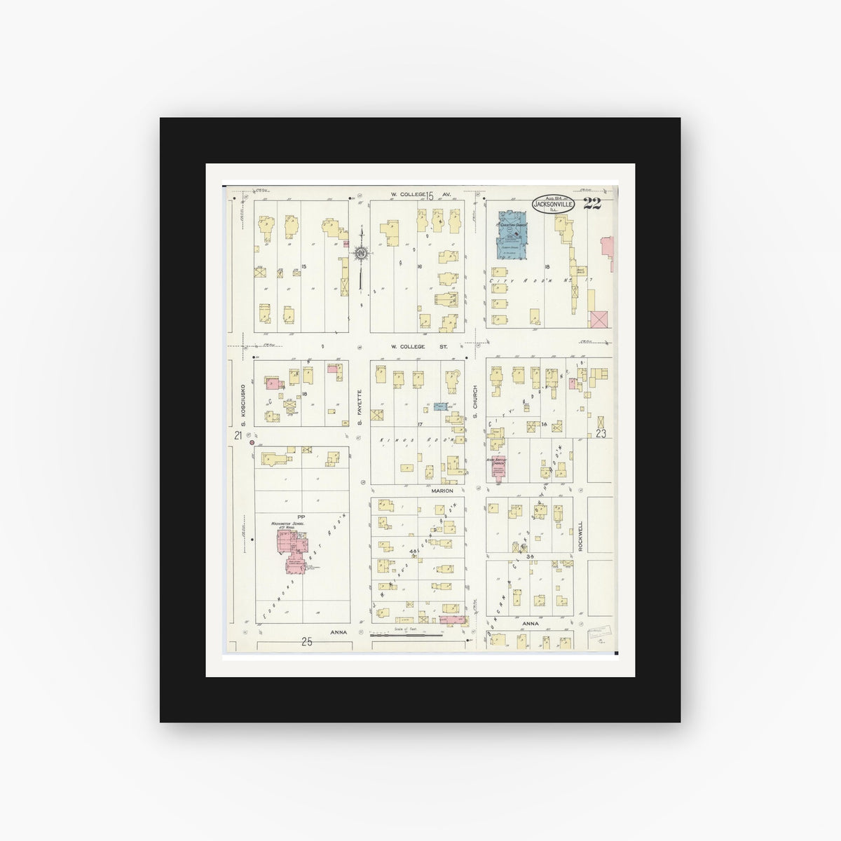 Old map wall art mockup — black gallery frame with white mat — Sanborn Fire Insurance Map from Jacksonville, Morgan County, Illinois (1914), Sheet #0022