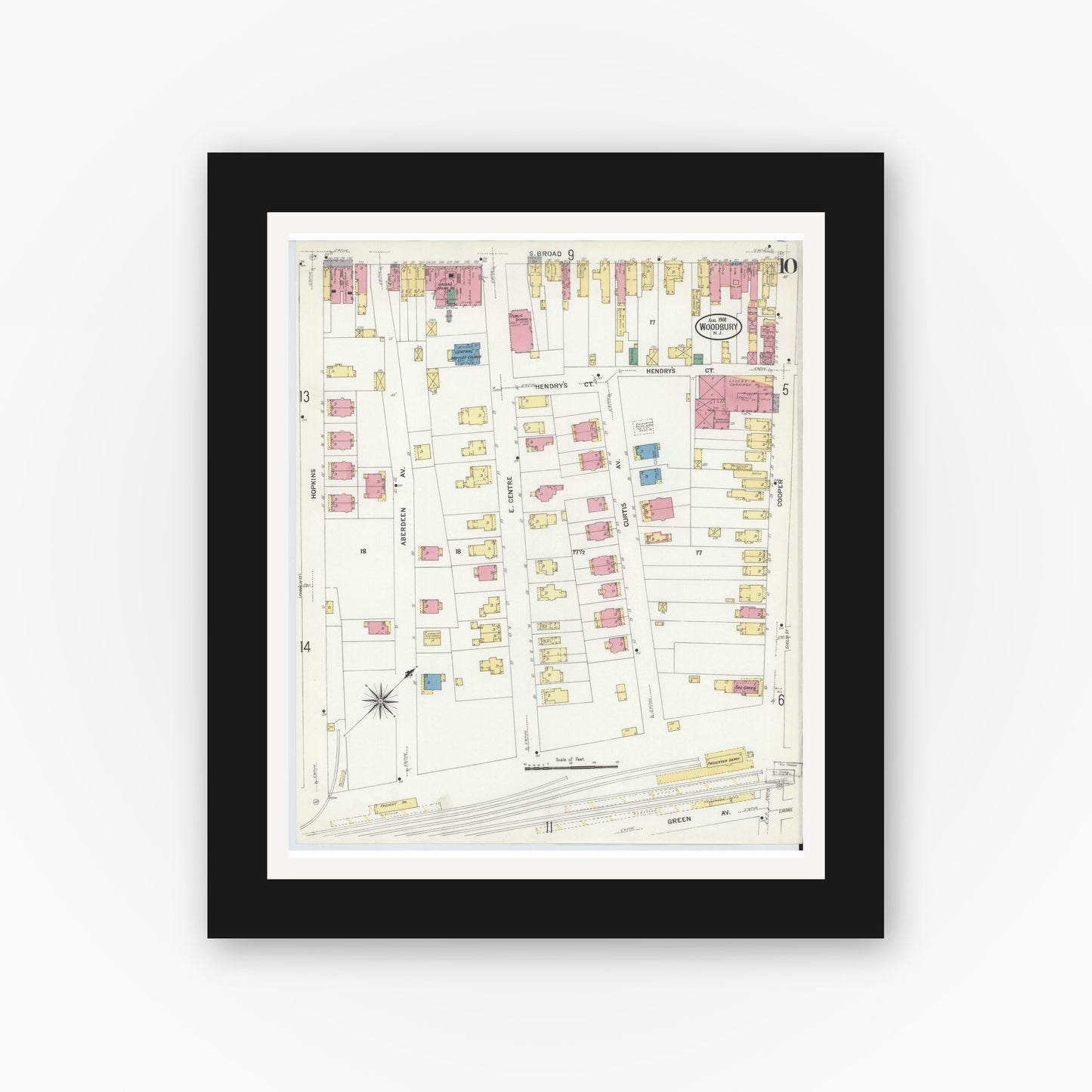 Old map wall art mockup — black gallery frame with white mat — Sanborn Fire Insurance Map from Woodbury, Gloucester County, New Jersey (1908), Sheet #0010