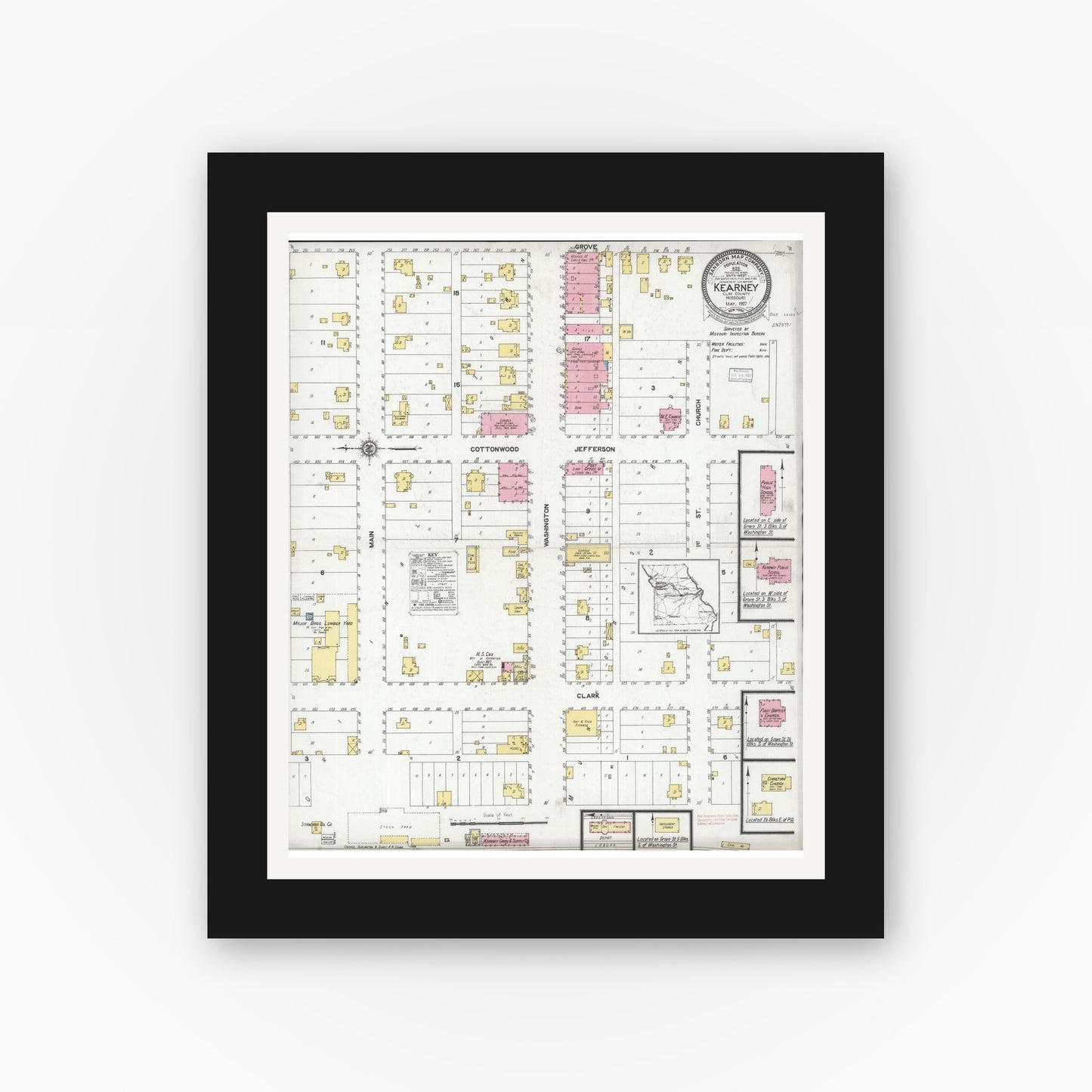 Old map wall art mockup — black gallery frame with white mat — Sanborn Fire Insurance Map from Kearney, Clay County, Missouri (1927), Sheet #0001