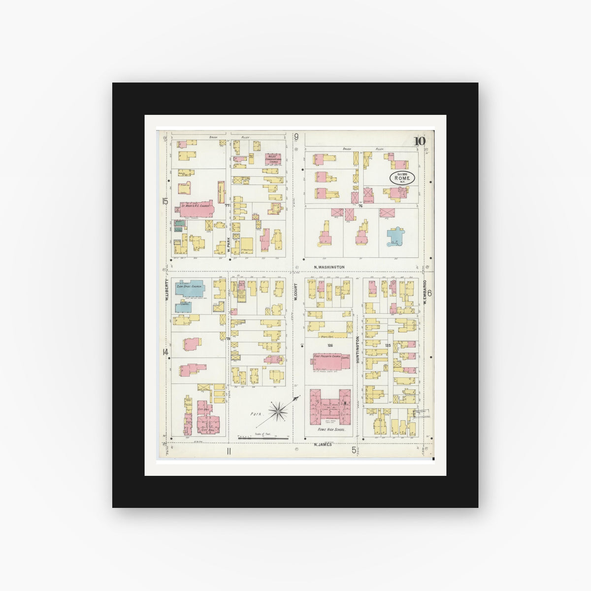 Old map wall art mockup — black gallery frame with white mat — Sanborn Fire Insurance Map from Rome, Oneida County, New York (1899), Sheet #0010