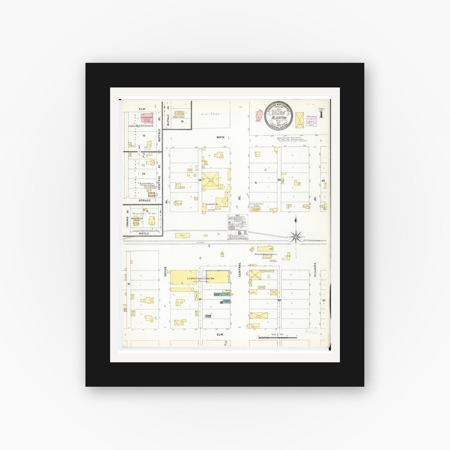 Old map wall art mockup — black gallery frame with white mat — Sanborn Fire Insurance Map from Allerton, Wayne County, Iowa (1907), Sheet #0001