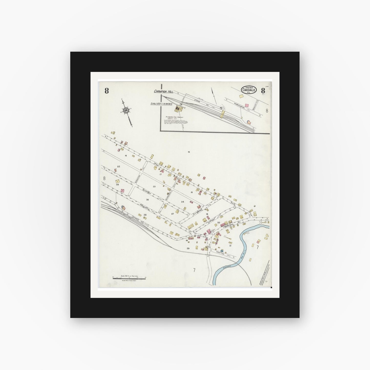 Old map wall art mockup — black gallery frame with white mat — Sanborn Fire Insurance Map from Oakdale, Allegheny County, Pennsylvania (1924), Sheet #0008