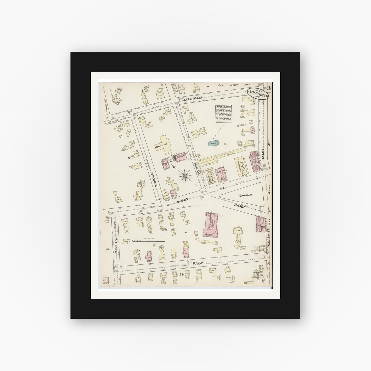 Old map wall art mockup — black gallery frame with white mat — Sanborn Fire Insurance Map from Leominster, Worcester County, Massachusetts (1884), Sheet #0003