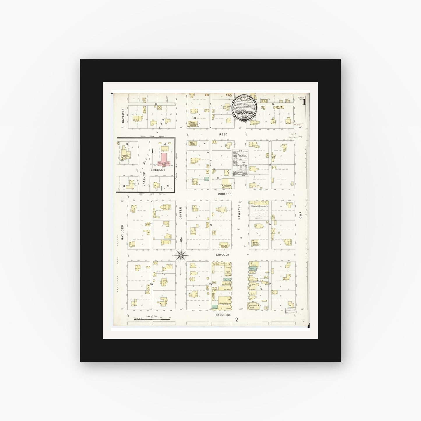 Old map wall art mockup — black gallery frame with white mat — Sanborn Fire Insurance Map from Nora Springs, Floyd County, Iowa (1896) — Complete Set