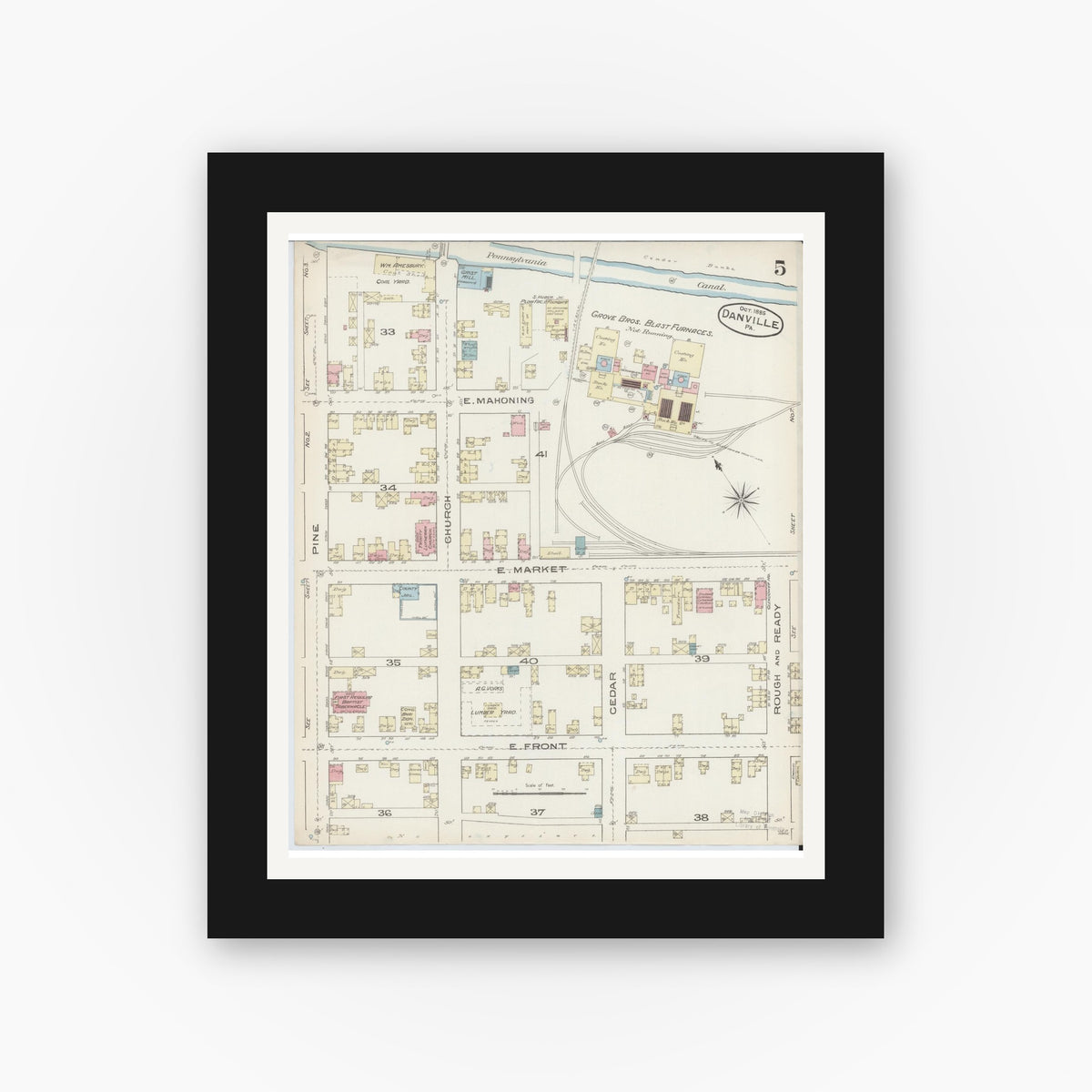 Old map wall art mockup — black gallery frame with white mat — Sanborn Fire Insurance Map from Danville, Montour County, Pennsylvania (1885), Sheet #0005