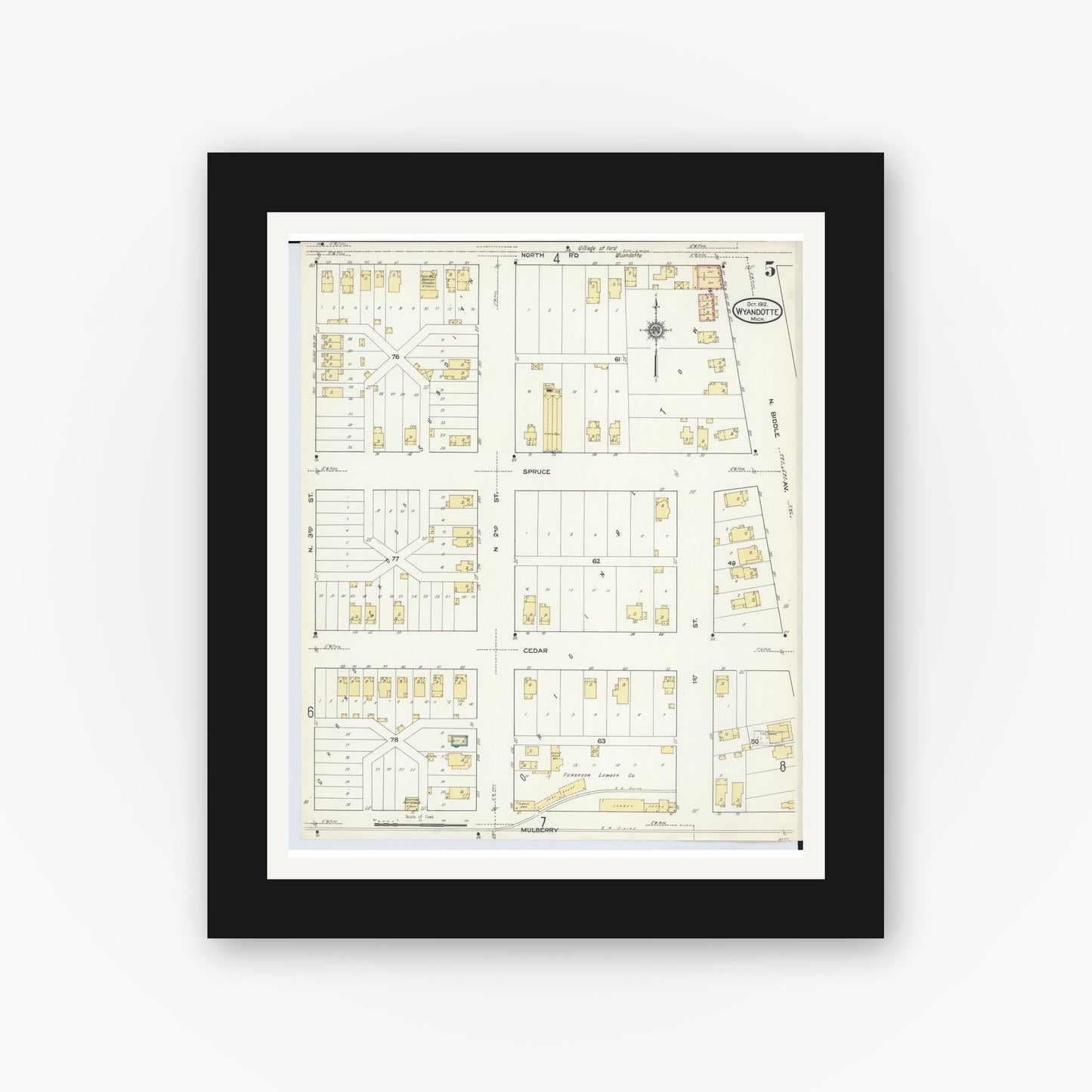 Old map wall art mockup — black gallery frame with white mat — Sanborn Fire Insurance Map from Wyandotte, Wayne County, Michigan (1912), Sheet #0005