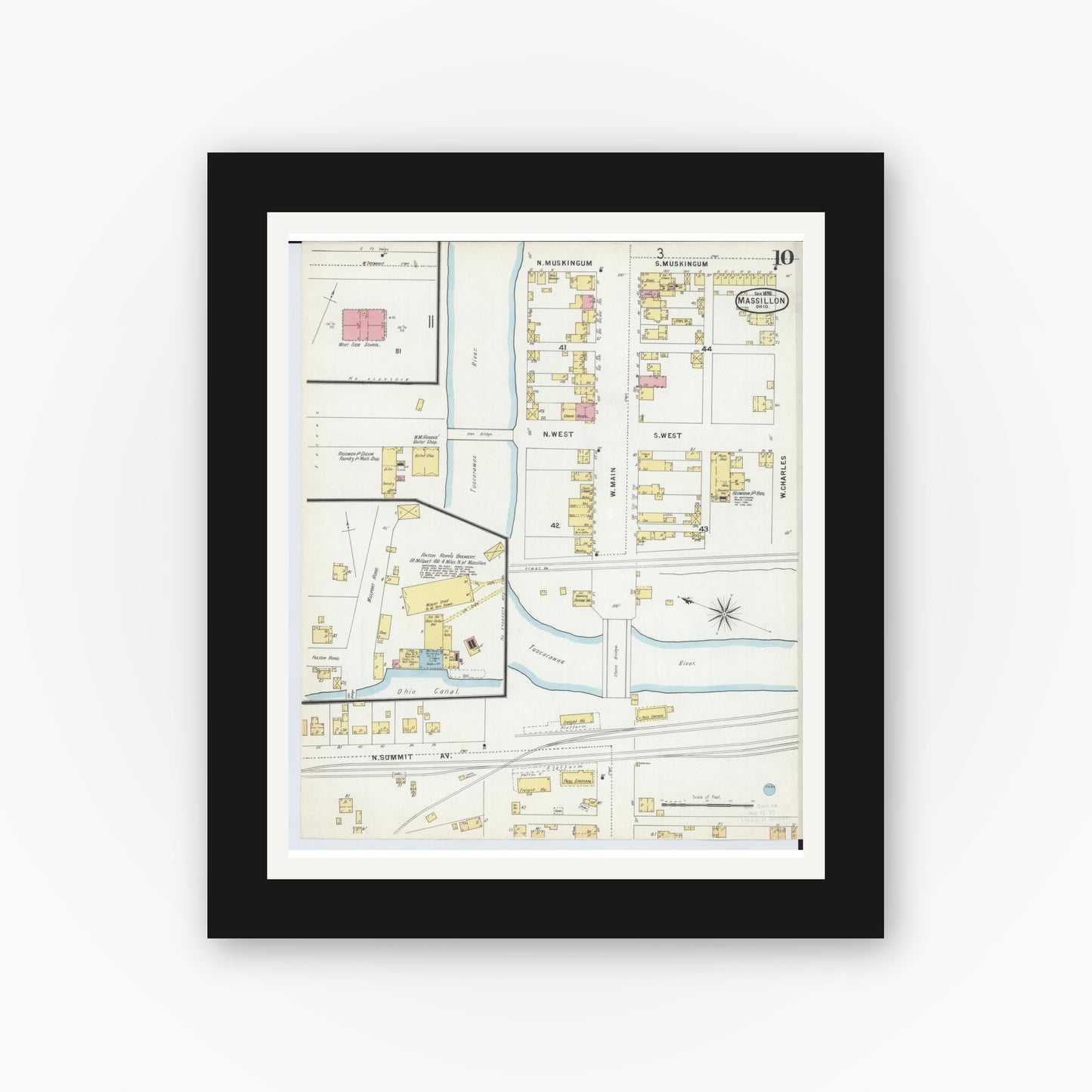 Old map wall art mockup — black gallery frame with white mat — Sanborn Fire Insurance Map from Massillon, Stark County, Ohio (1896), Sheet #0010