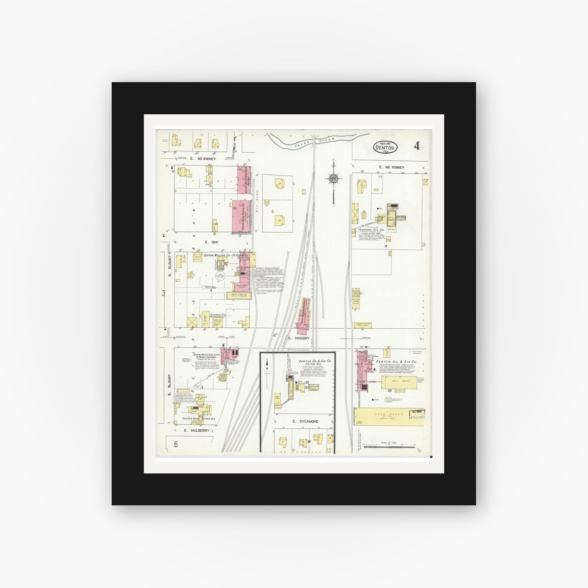 Old map wall art mockup — black gallery frame with white mat — Sanborn Fire Insurance Map from Denton, Denton County, Texas (1912), Sheet #0004
