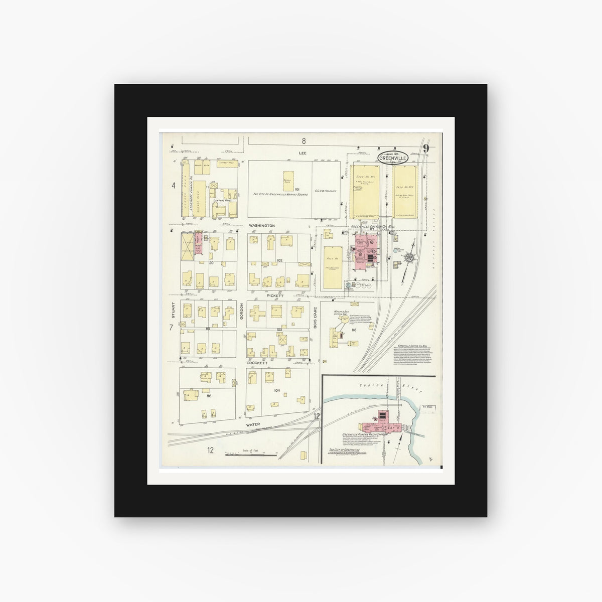 Old map wall art mockup — black gallery frame with white mat — Sanborn Fire Insurance Map from Greenville, Hunt County, Texas (1914), Sheet #0009
