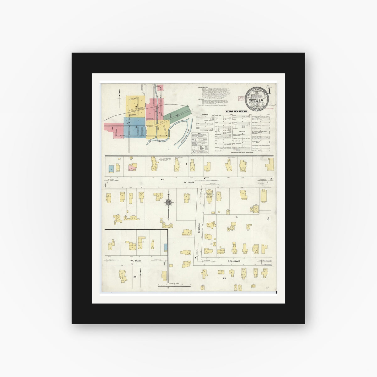 Old map wall art mockup — black gallery frame with white mat — Sanborn Fire Insurance Map from Unadilla, Otsego County, New York (1910) - Complete Map Set