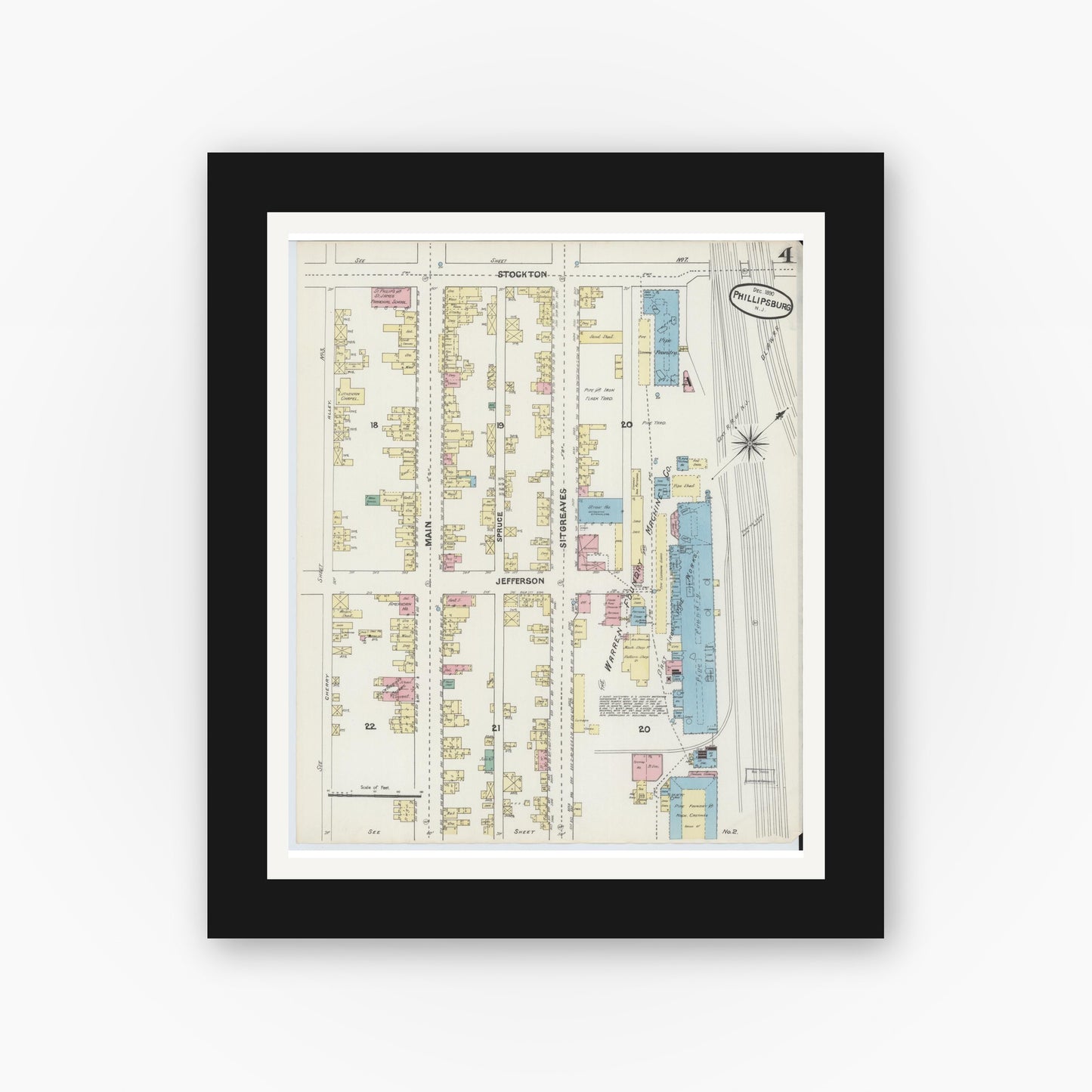 Old map wall art mockup — black gallery frame with white mat — Sanborn Fire Insurance Map from Phillipsburg, Warren County, New Jersey (1890), Sheet #0004