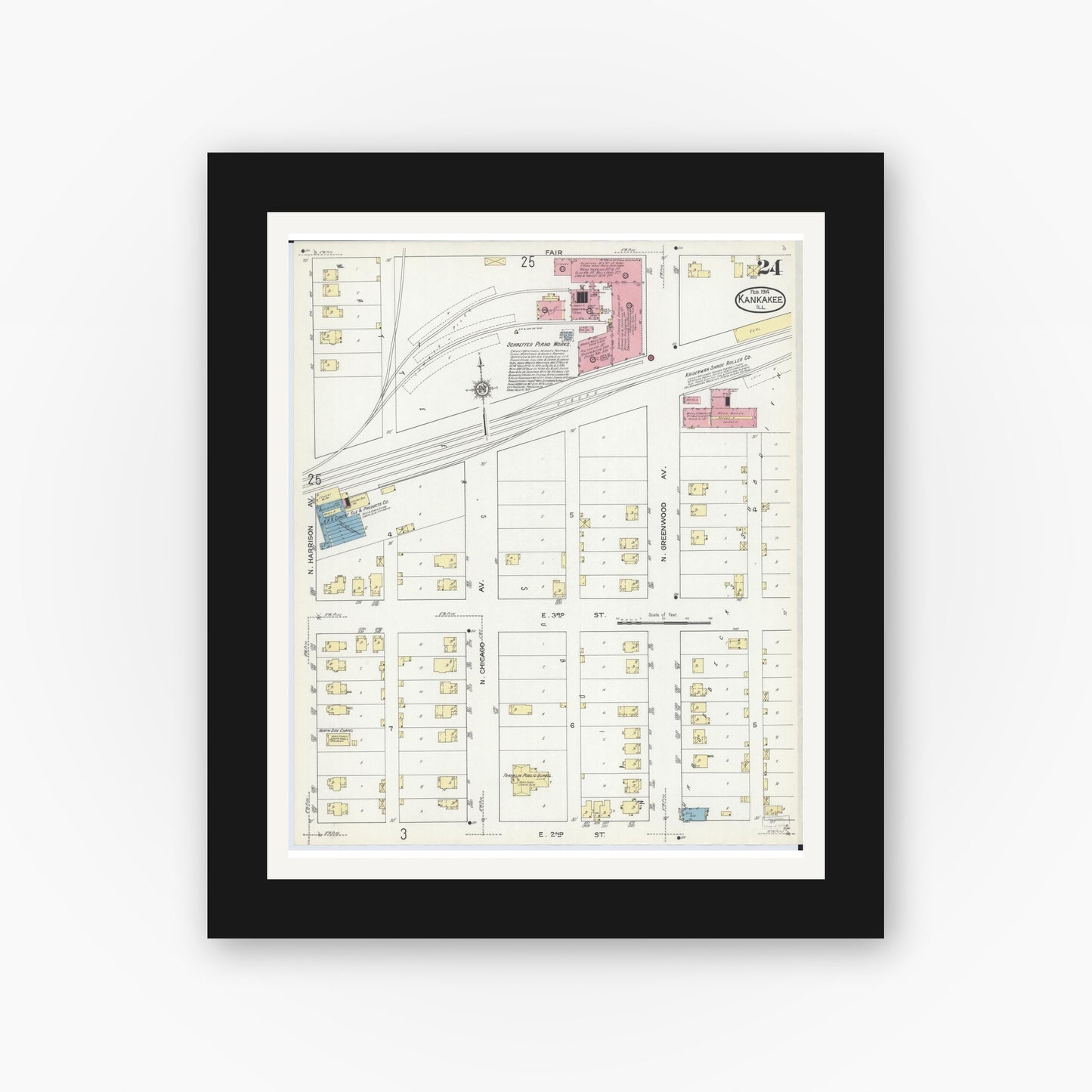 Old map wall art mockup — black gallery frame with white mat — Sanborn Fire Insurance Map from Kankakee, Kankakee County, Illinois (1914), Sheet #0024