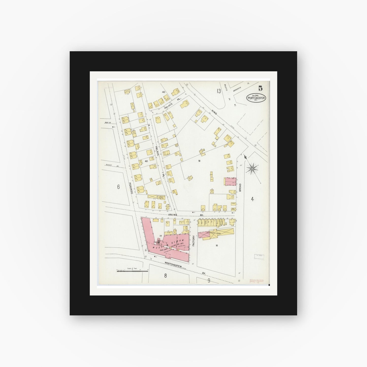 Old map wall art mockup — black gallery frame with white mat — Sanborn Fire Insurance Map from Port Chester, Westchester County, New York (1902), Sheet #0005