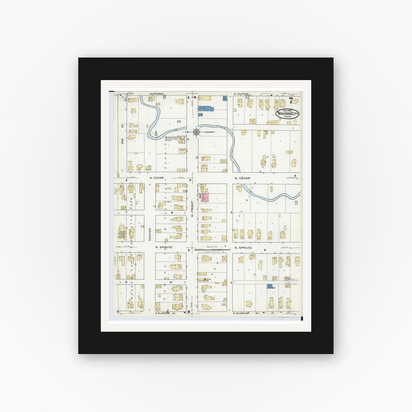 Old map wall art mockup — black gallery frame with white mat — Sanborn Fire Insurance Map from Traverse City, Grand Traverse County, Michigan (1920), Sheet #0007