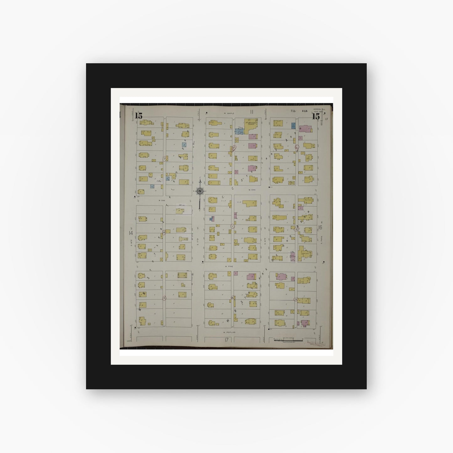 Old map wall art mockup — black gallery frame with white mat — Sanborn Fire Insurance Map from Herrin, Williamson County, Illinois (1947), Sheet #0015