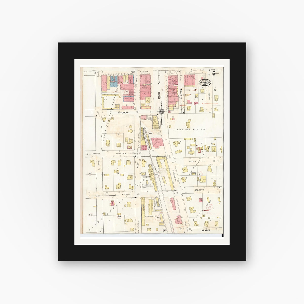 Old map wall art mockup — black gallery frame with white mat — Sanborn Fire Insurance Map from Waukon, Allamakee County, Iowa (1934), Sheet #0005
