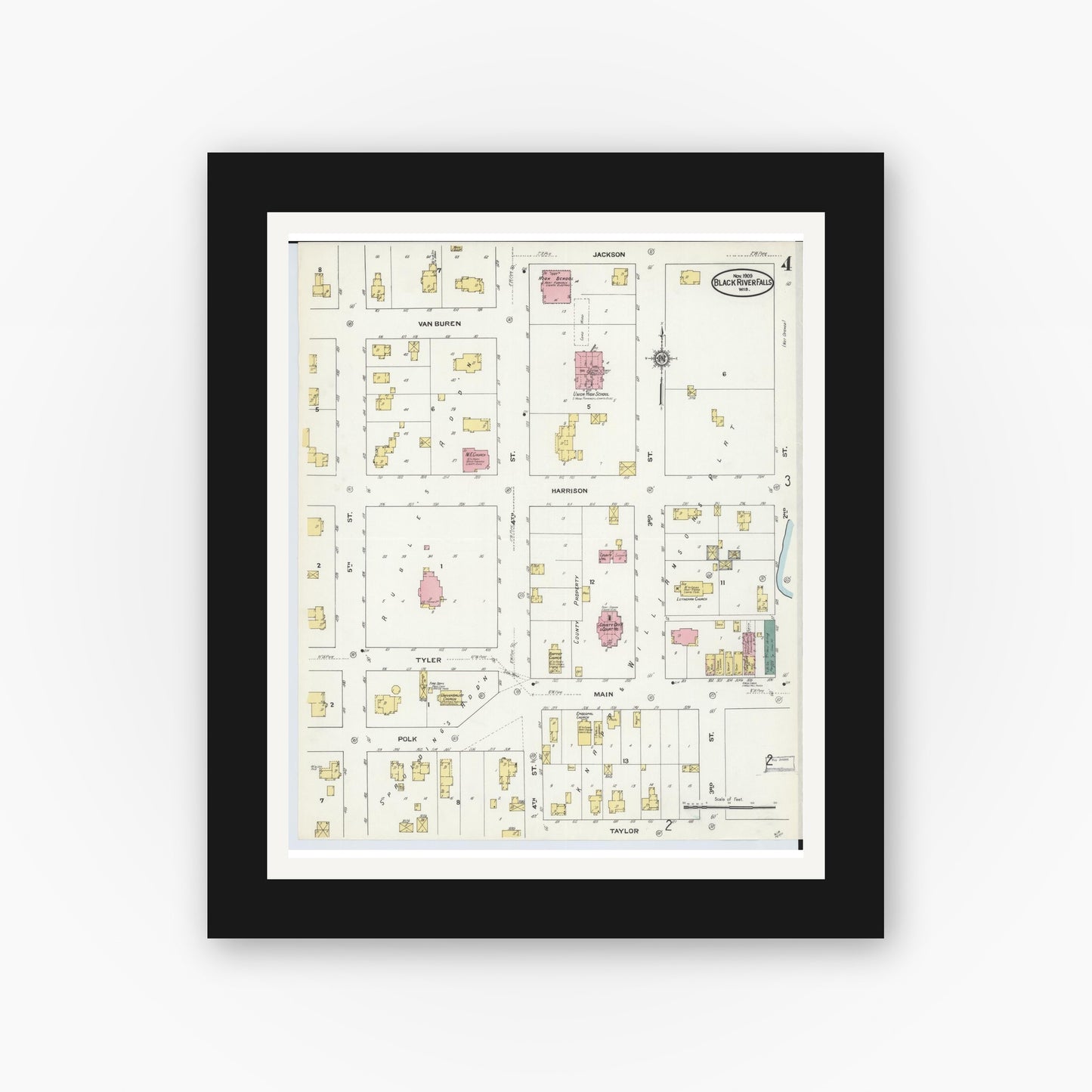 Old map wall art mockup — black gallery frame with white mat — Sanborn Fire Insurance Map from Black River Falls, Jackson County, Wisconsin (1909), Sheet #0004