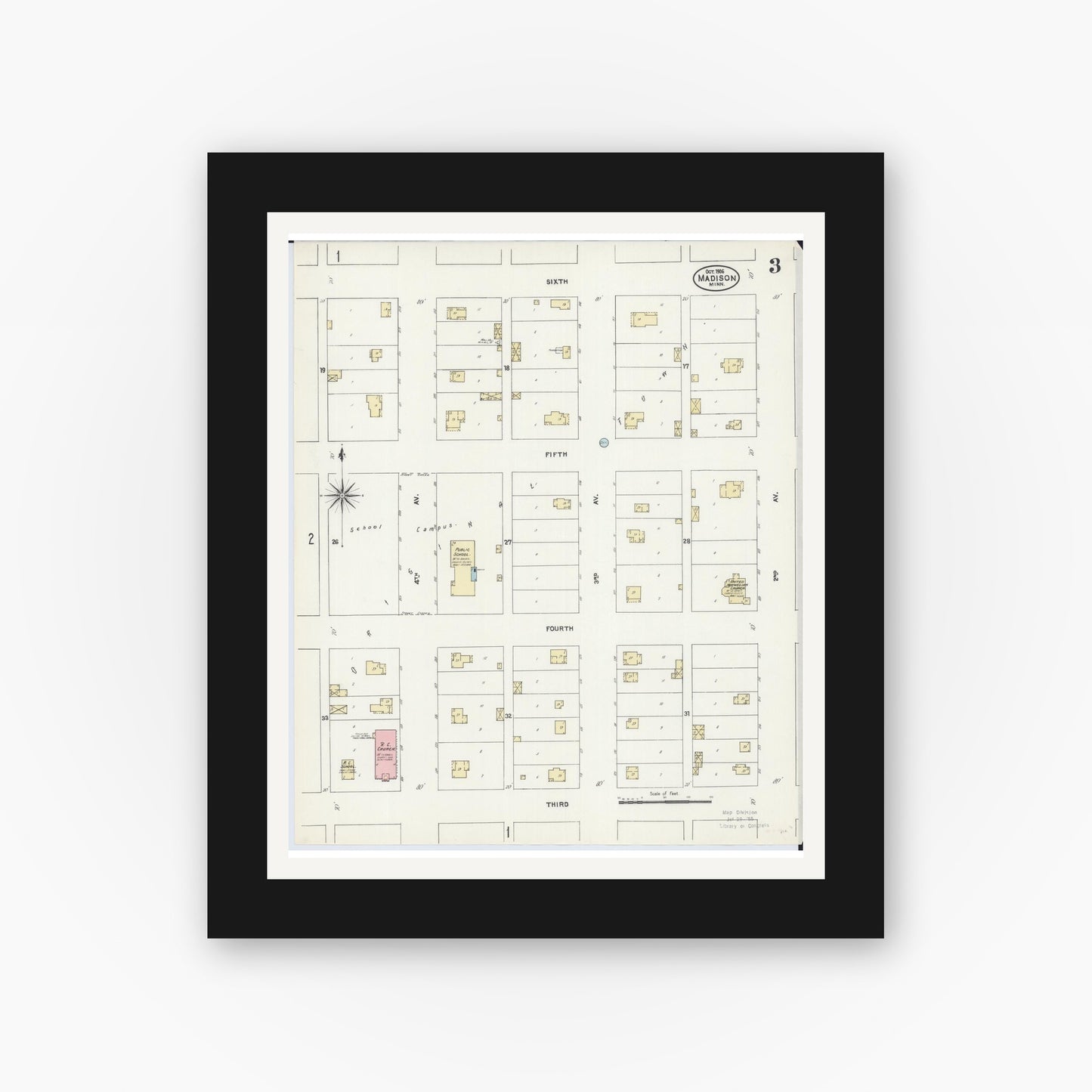 Old map wall art mockup — black gallery frame with white mat — Sanborn Fire Insurance Map from Madison, Lac Qui Parle County, Minnesota (1906), Sheet #0003