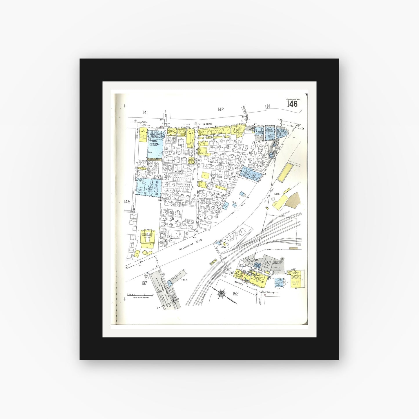 Old map wall art mockup — black gallery frame with white mat — Sanborn Fire Insurance Map from Honolulu, Oahu County, Hawaii (1955), Sheet #0146