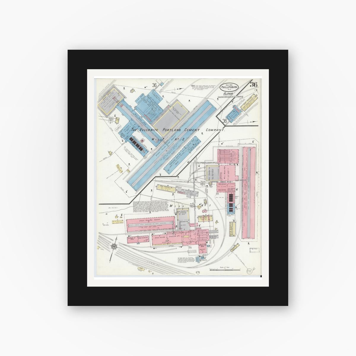 Old map wall art mockup — black gallery frame with white mat — Sanborn Fire Insurance Map from Phillipsburg, Warren County, New Jersey (1910), Sheet #0036