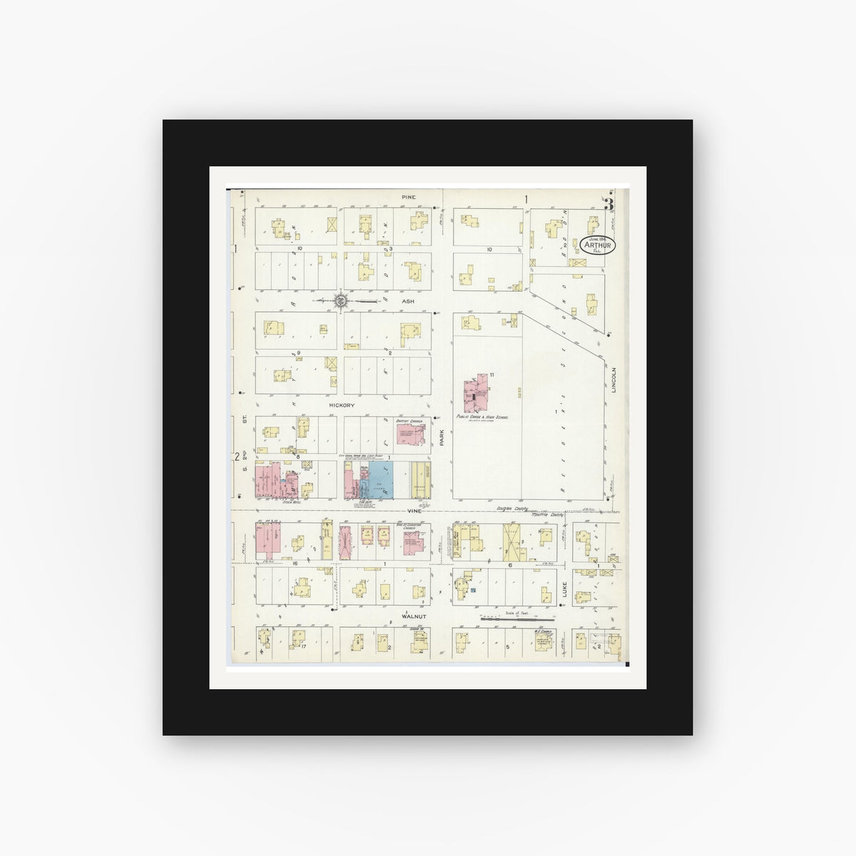 Old map wall art mockup — black gallery frame with white mat — Sanborn Fire Insurance Map from Arthur, Moultrie And Douglas Counties, Illinois (1914), Sheet #0003