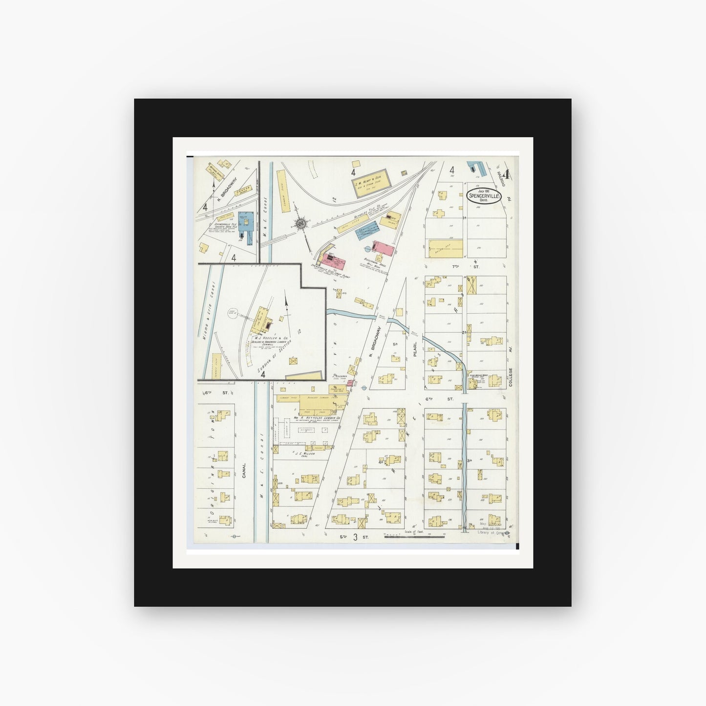 Old map wall art mockup — black gallery frame with white mat — Sanborn Fire Insurance Map from Spencerville, Allen County, Ohio (1911), Sheet #0004