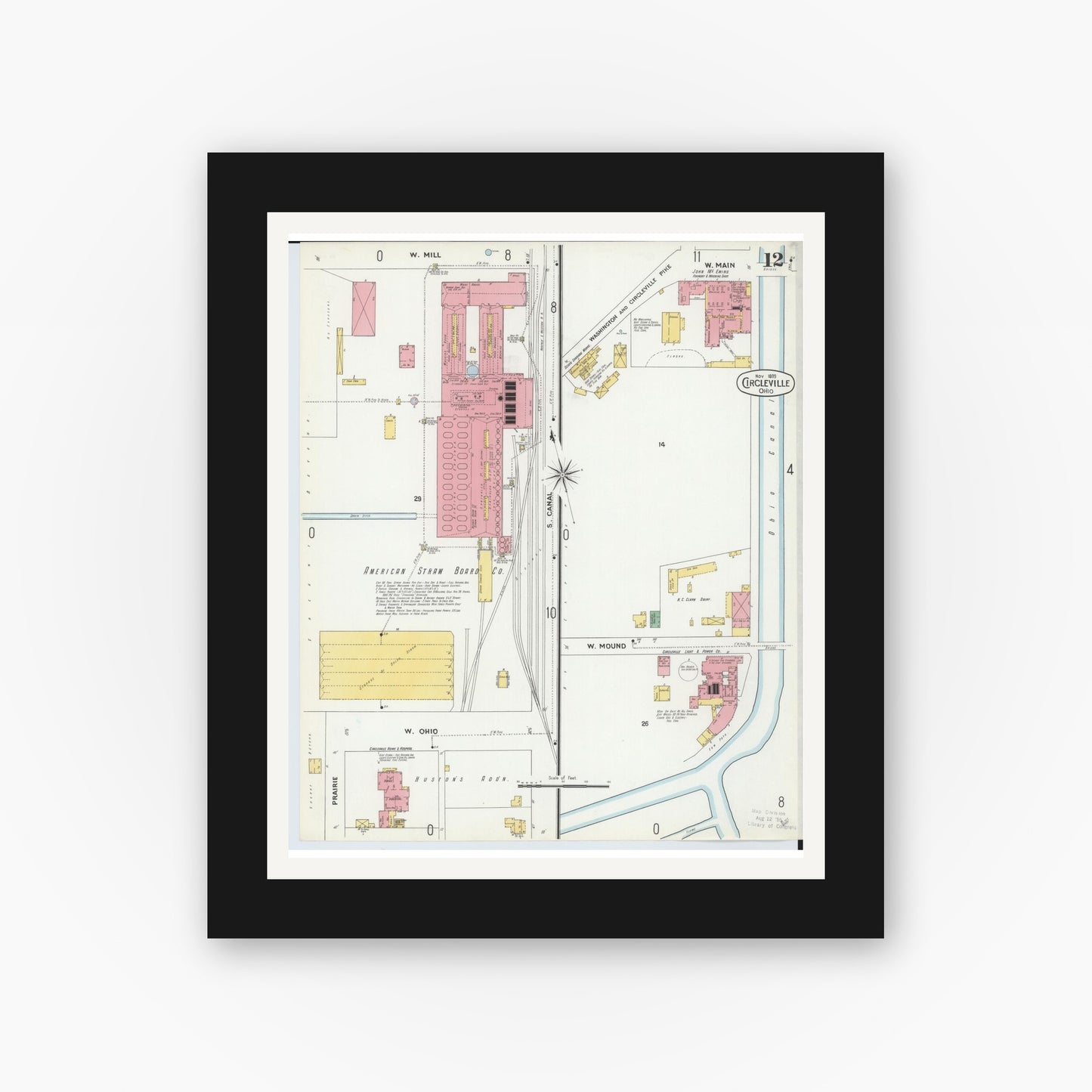 Old map wall art mockup — black gallery frame with white mat — Sanborn Fire Insurance Map from Circleville, Pickaway County, Ohio (1899), Sheet #0012