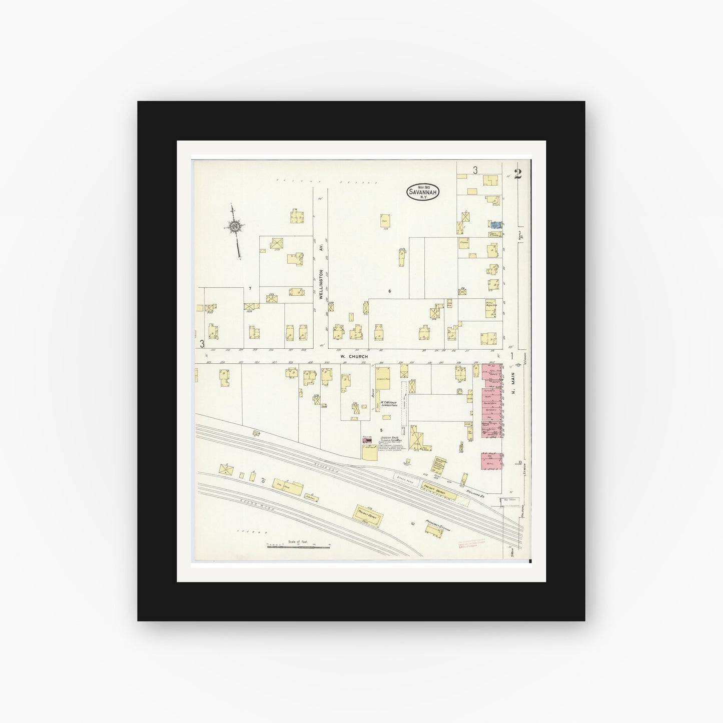 Old map wall art mockup — black gallery frame with white mat — Sanborn Fire Insurance Map from Savannah, Wayne County, New York (1910), Sheet #0002