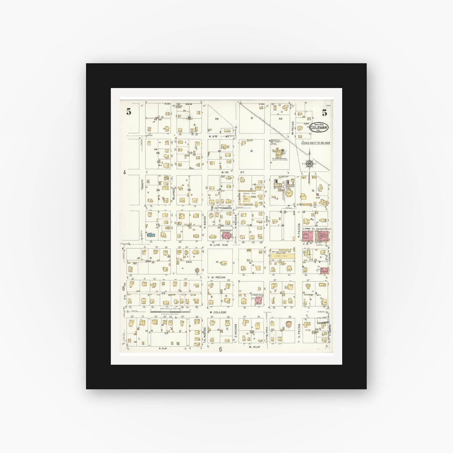 Old map wall art mockup — black gallery frame with white mat — Sanborn Fire Insurance Map from Coleman, Coleman County, Texas (1923), Sheet #0005
