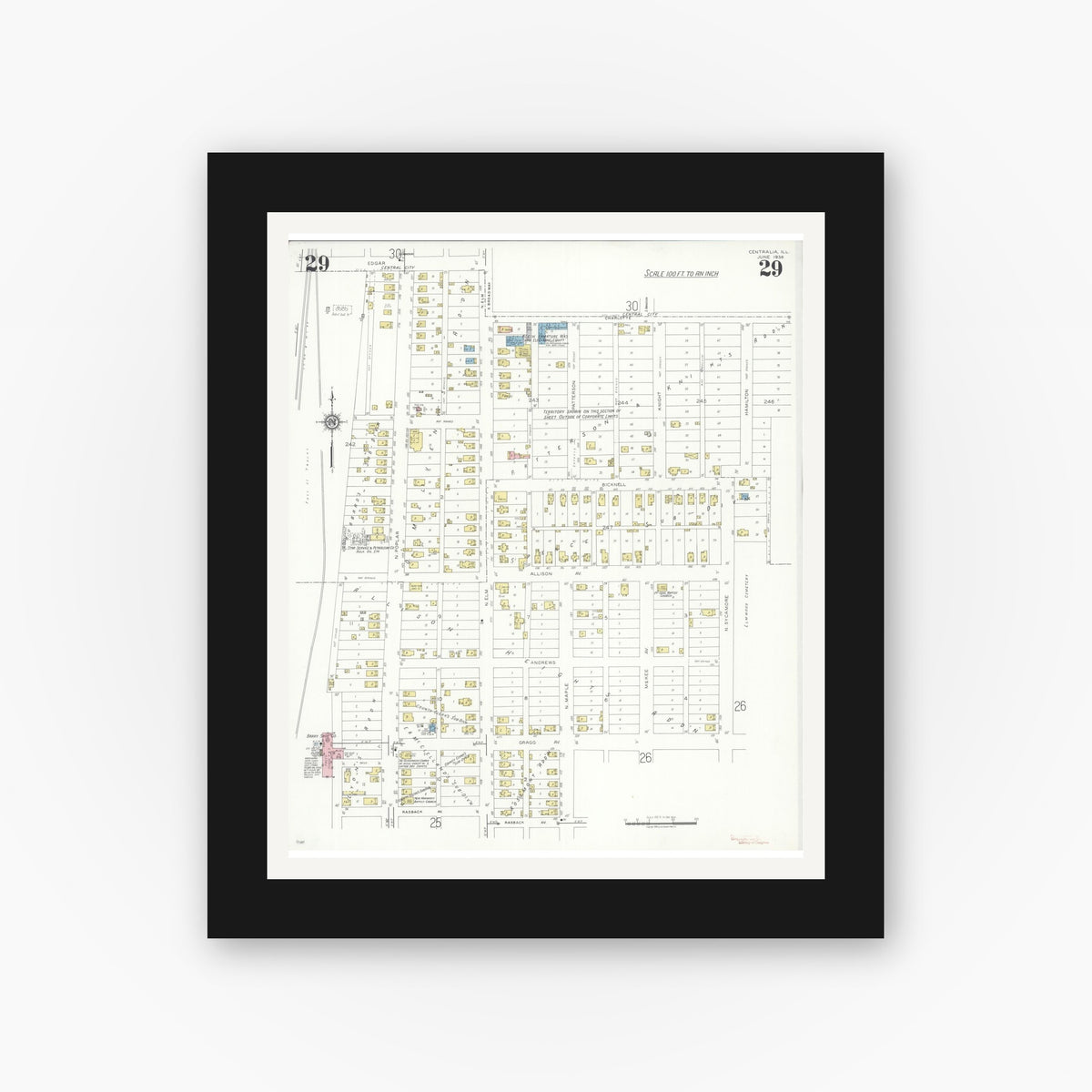 Old map wall art mockup — black gallery frame with white mat — Sanborn Fire Insurance Map from Centralia, Marion, Clinton, Jefferson, and Washington Counties, Illinois (1938), Sheet #0029